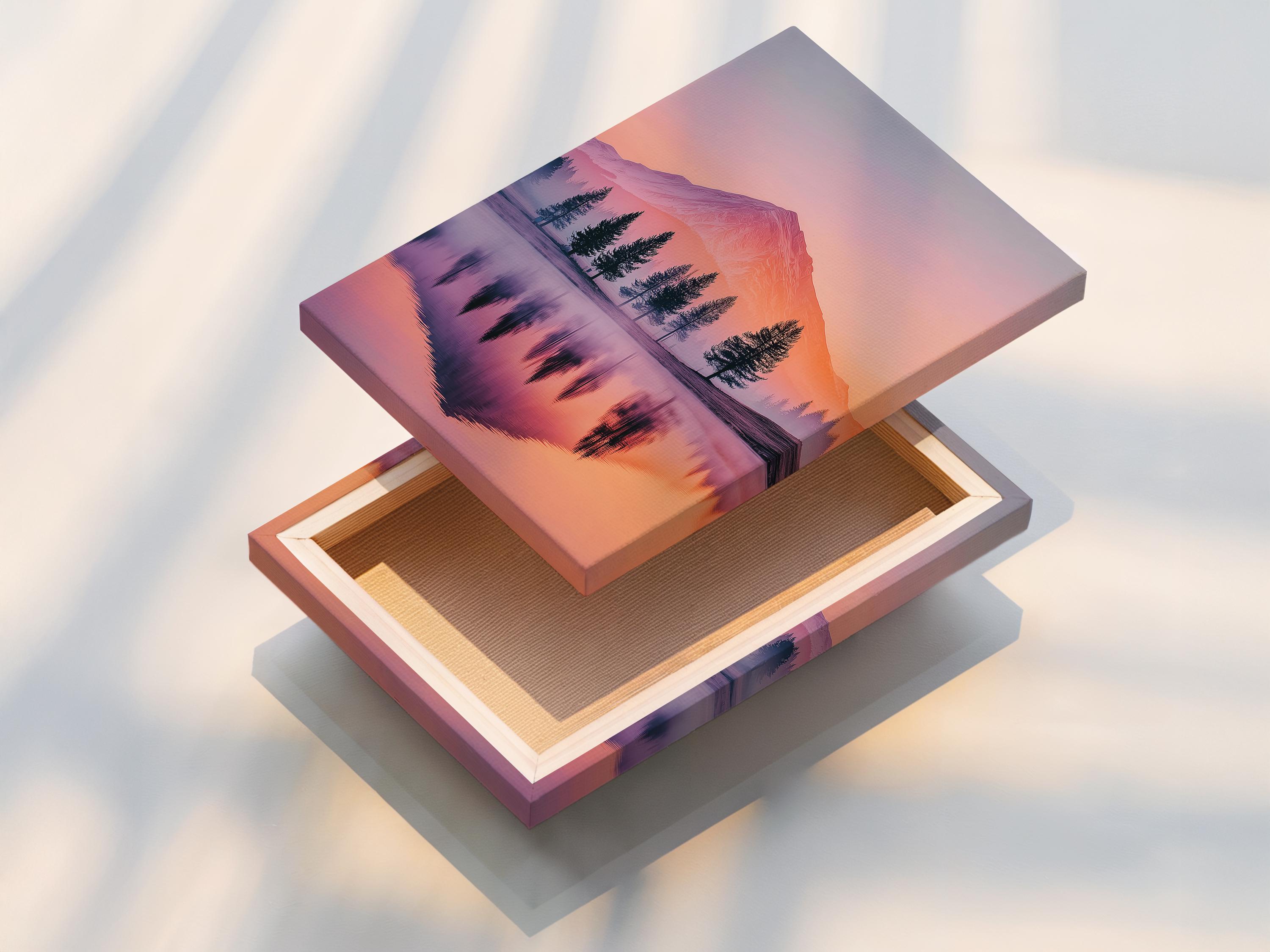 A pastel mountain landscape at sunset shows a pink-orange sky, a prominent mountain, silhouetted evergreen trees, and a calm mirrored lake reflection