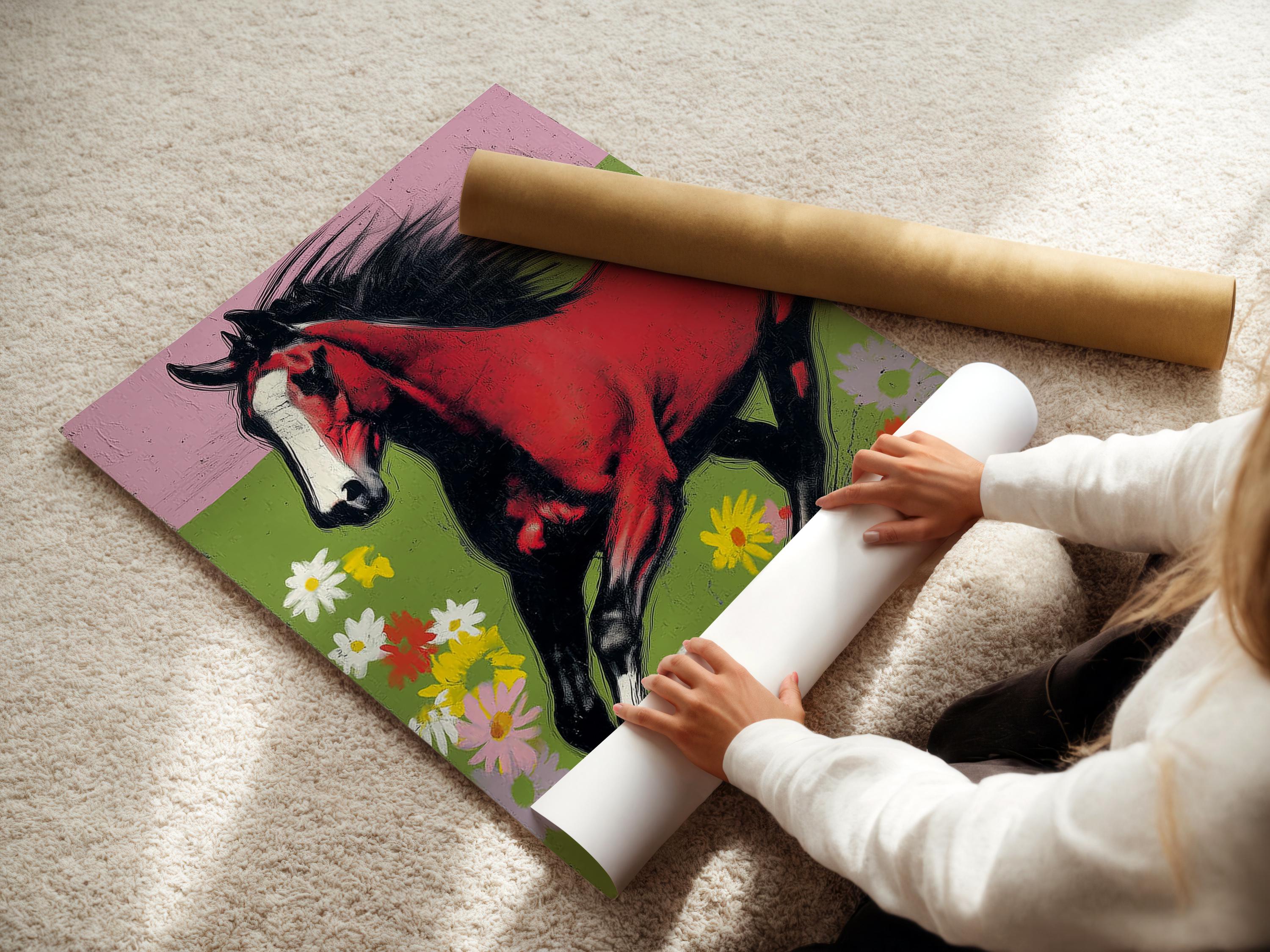Running horse in red and black with a green meadow and colourful flowers detail view