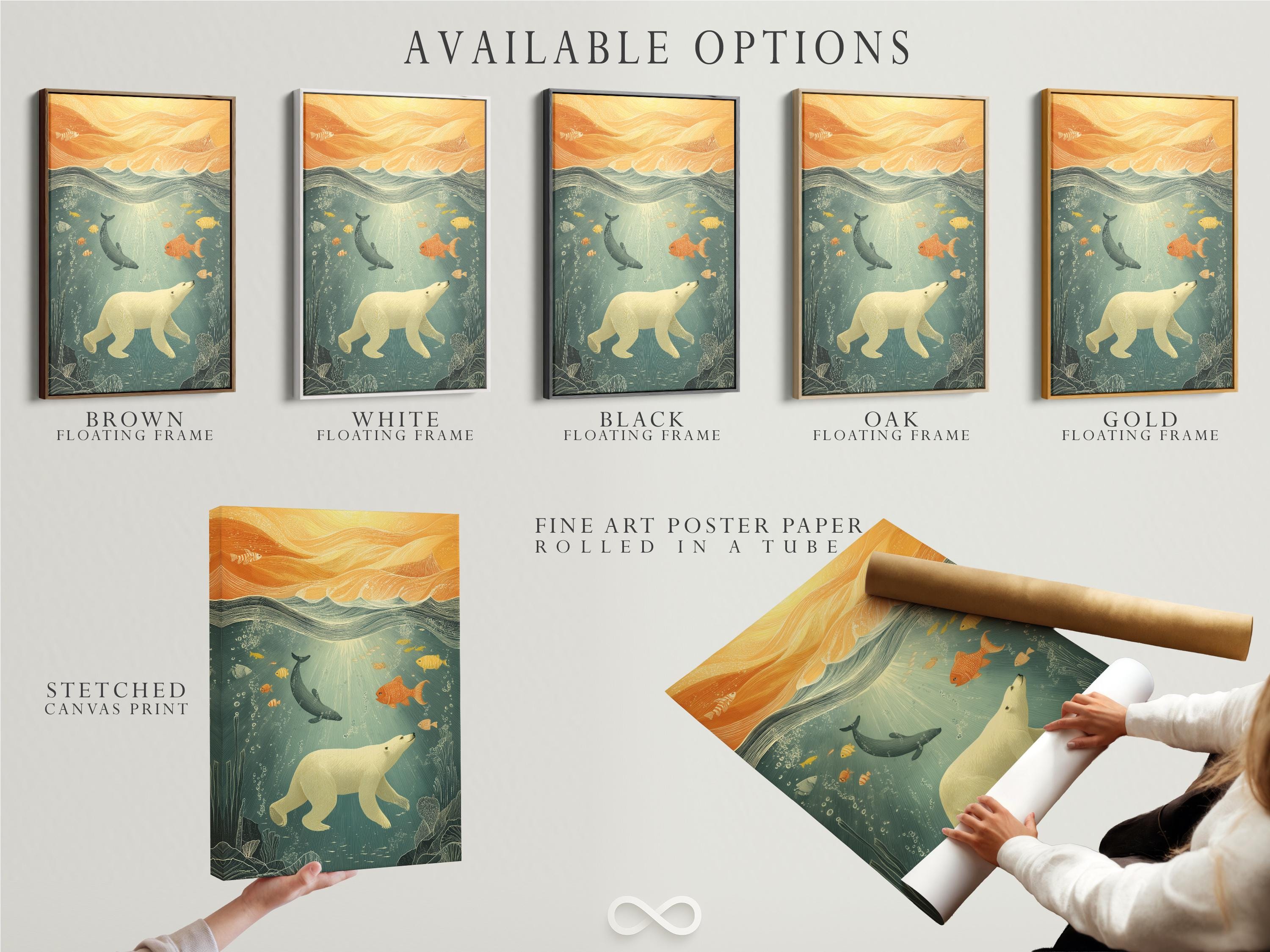 Underwater scene with a polar bear, fish and a whale in seafoam teal and warm gold waves detail view