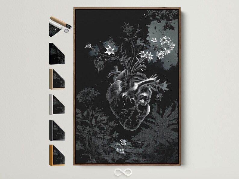 Monochrome botanical heart illustration with an anatomical heart, flowers and leaves on a dark background