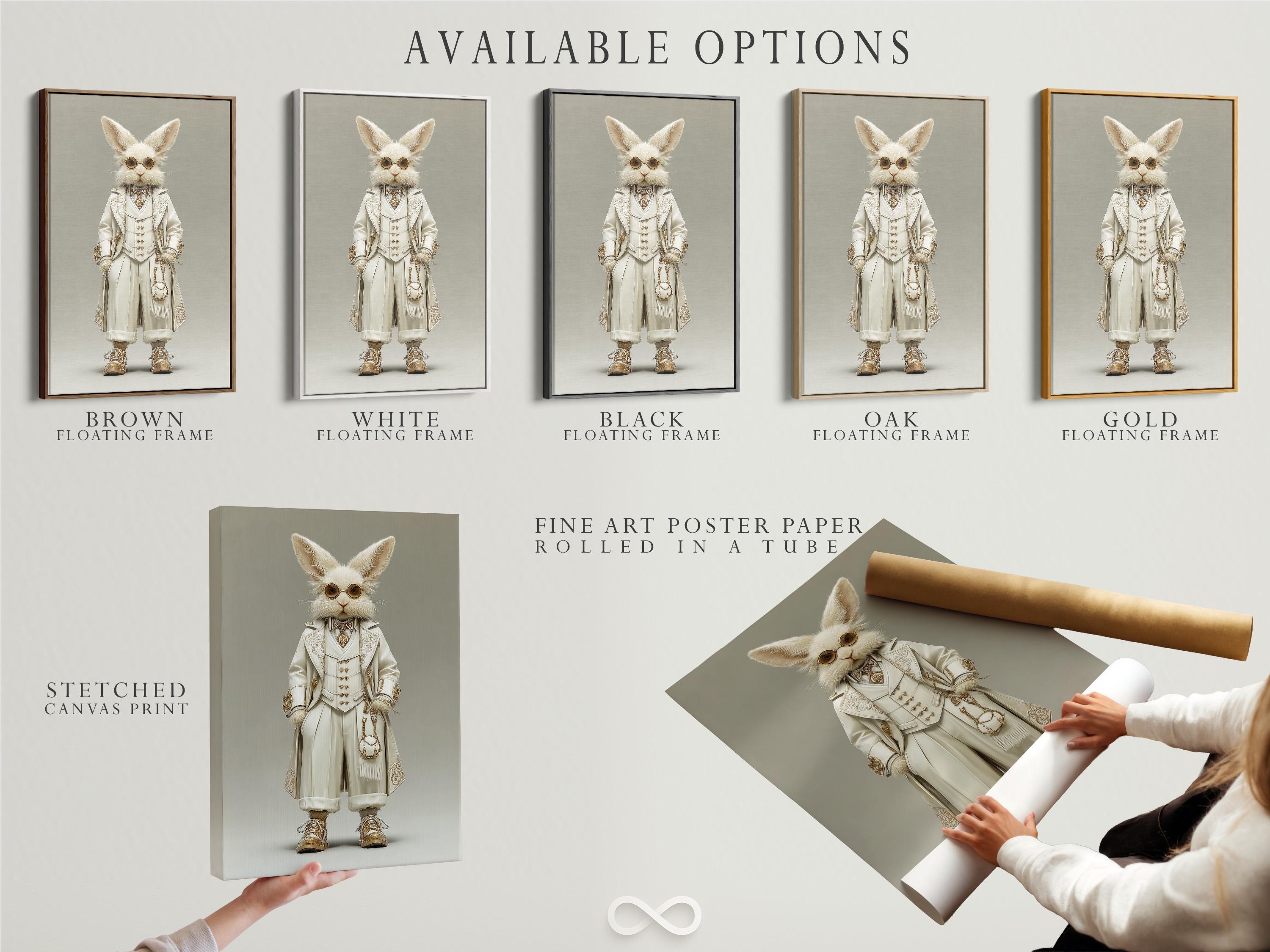 A framed rabbit portrait artwork featuring a white rabbit with round gold spectacles and a Victorian outfit