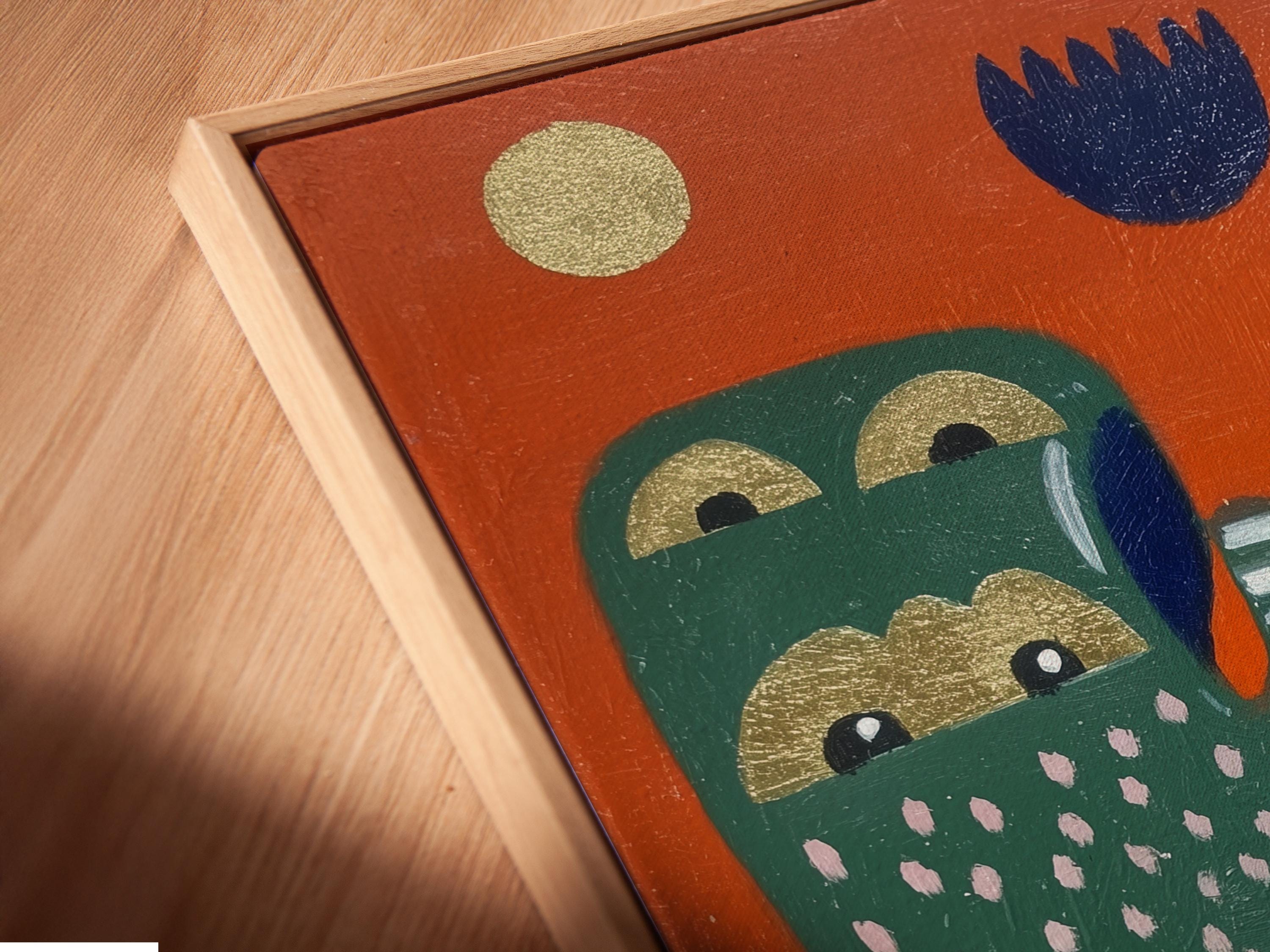 Room mockup showing orange folk art hands artwork with tree motif