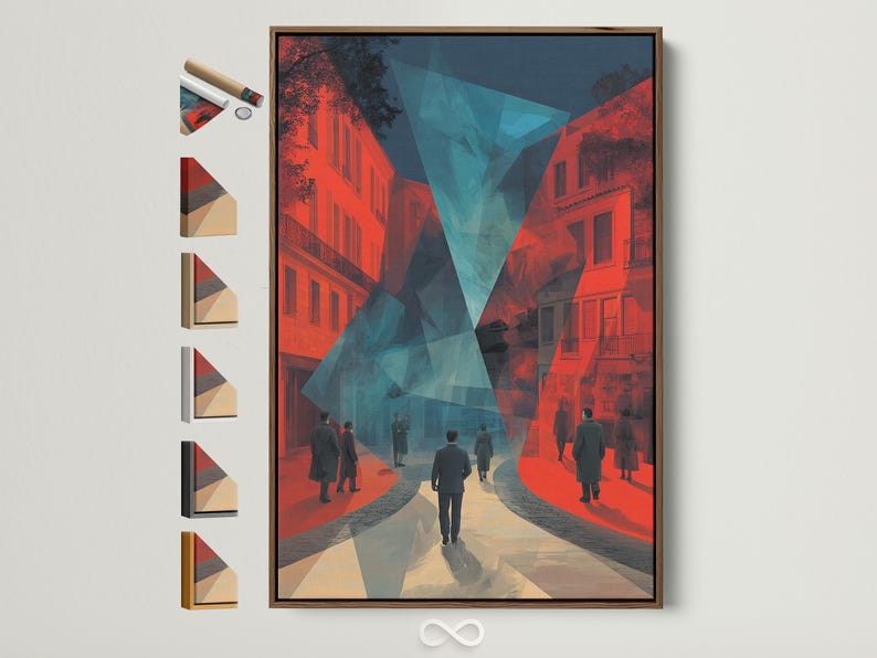 Stylised city street artwork with coral buildings, teal geometric centre and dark blue shadows