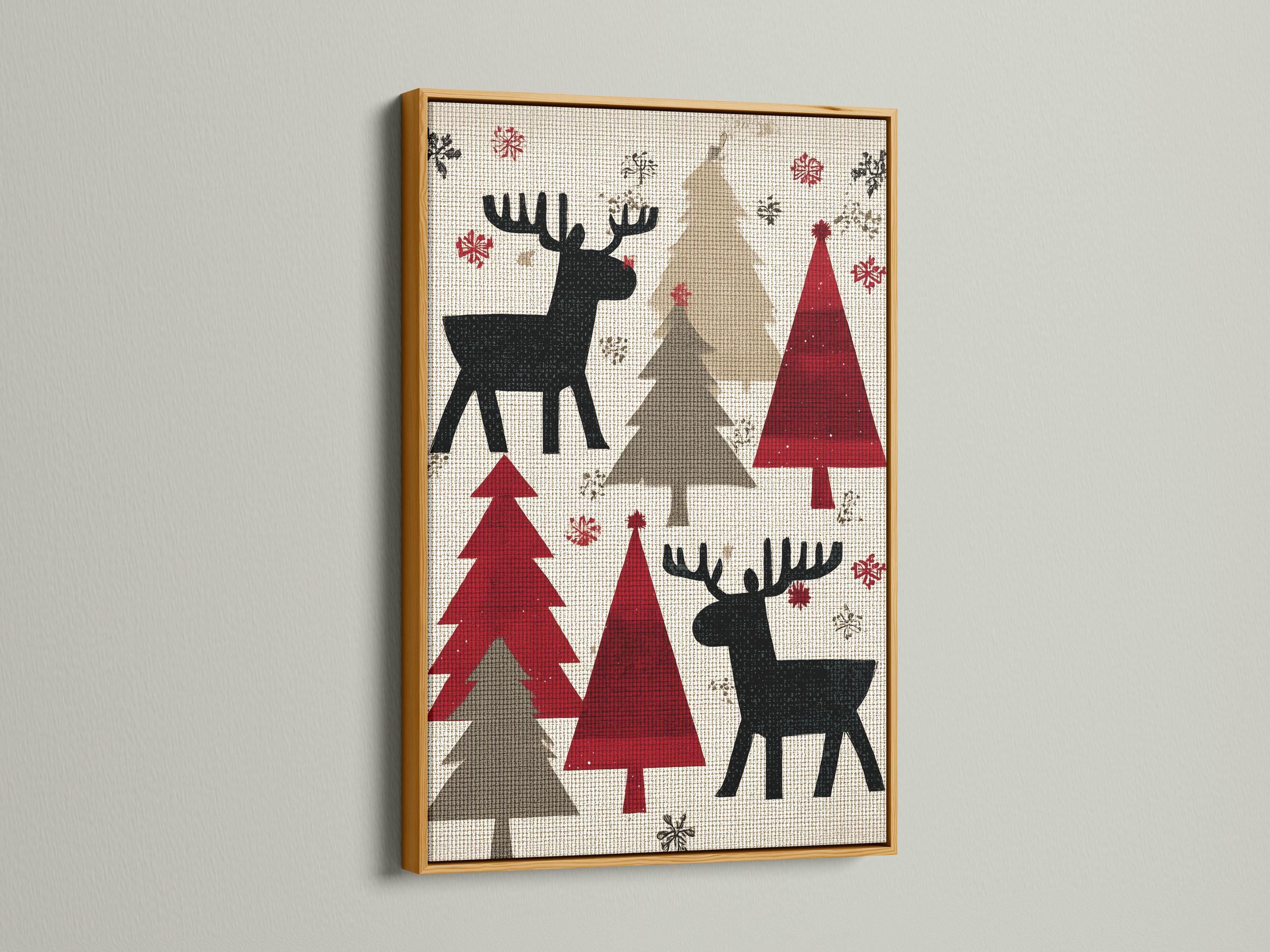 Room mockup showing a framed festive moose artwork with Christmas trees and snowflakes