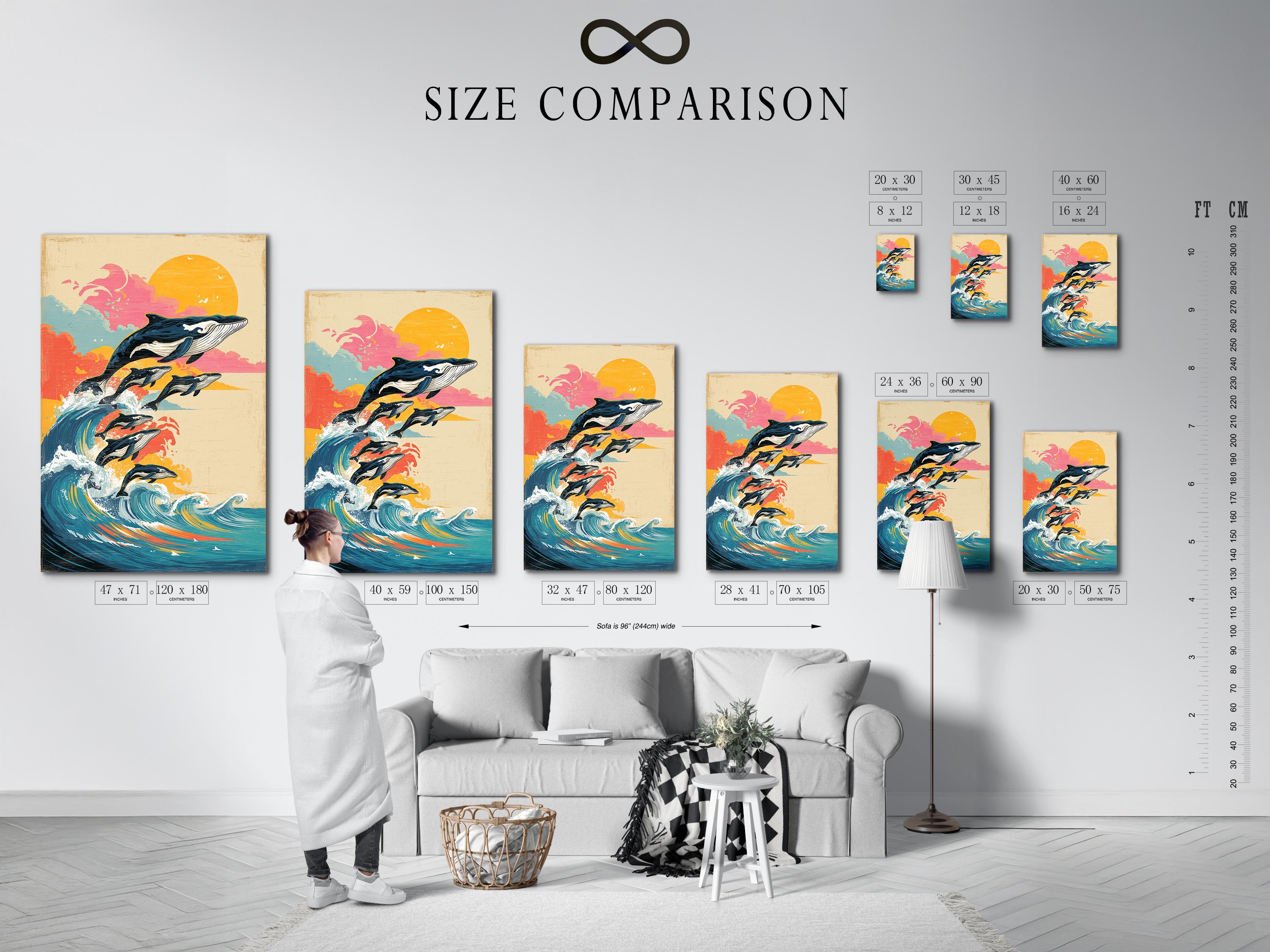 Retro ocean artwork with stylised whales jumping through foamy waves under a large orange sun detail view