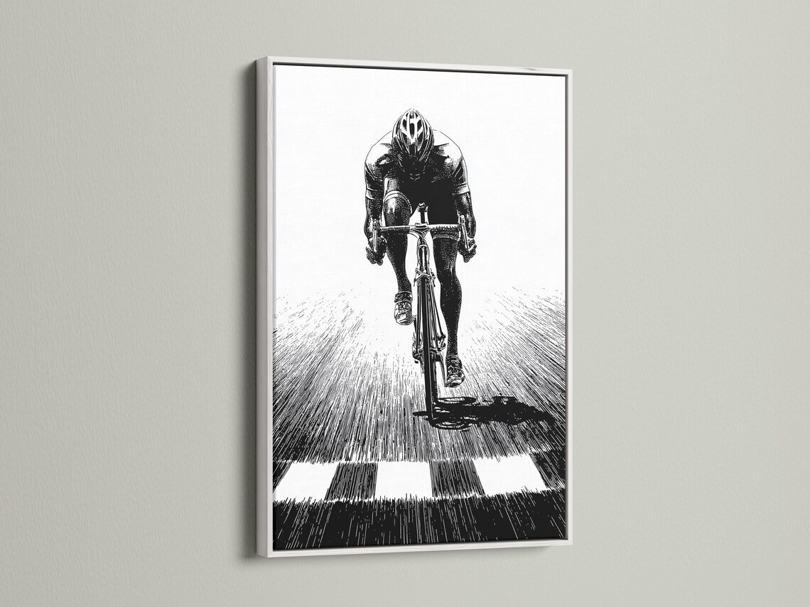Room mockup showing a framed monochrome cyclist illustration on a light wall
