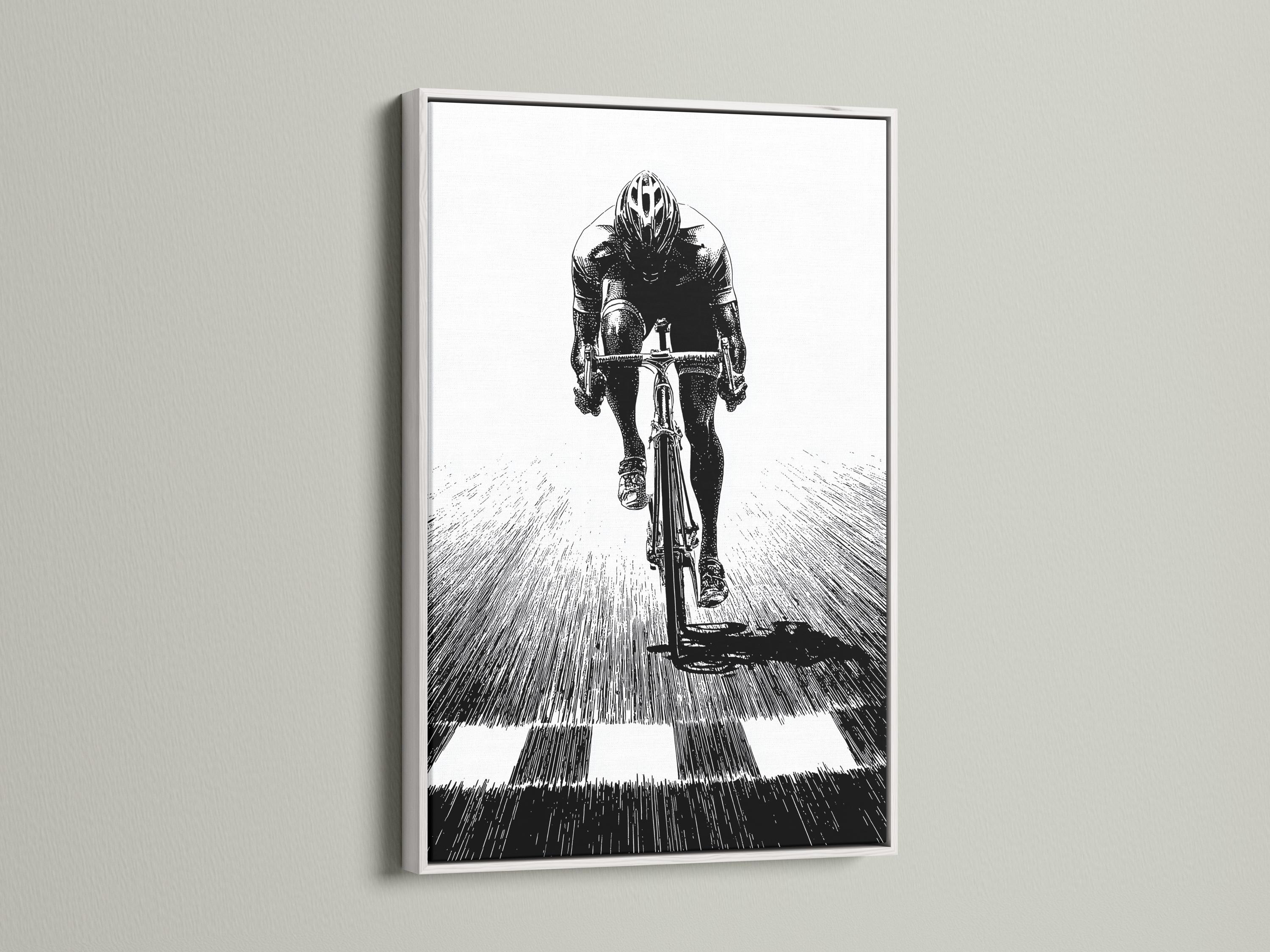 Room mockup showing a framed monochrome cyclist illustration on a light wall