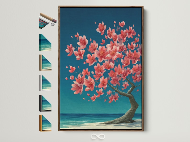 Coral blossom tree with petals over a teal ocean and sandy shoreline illustration