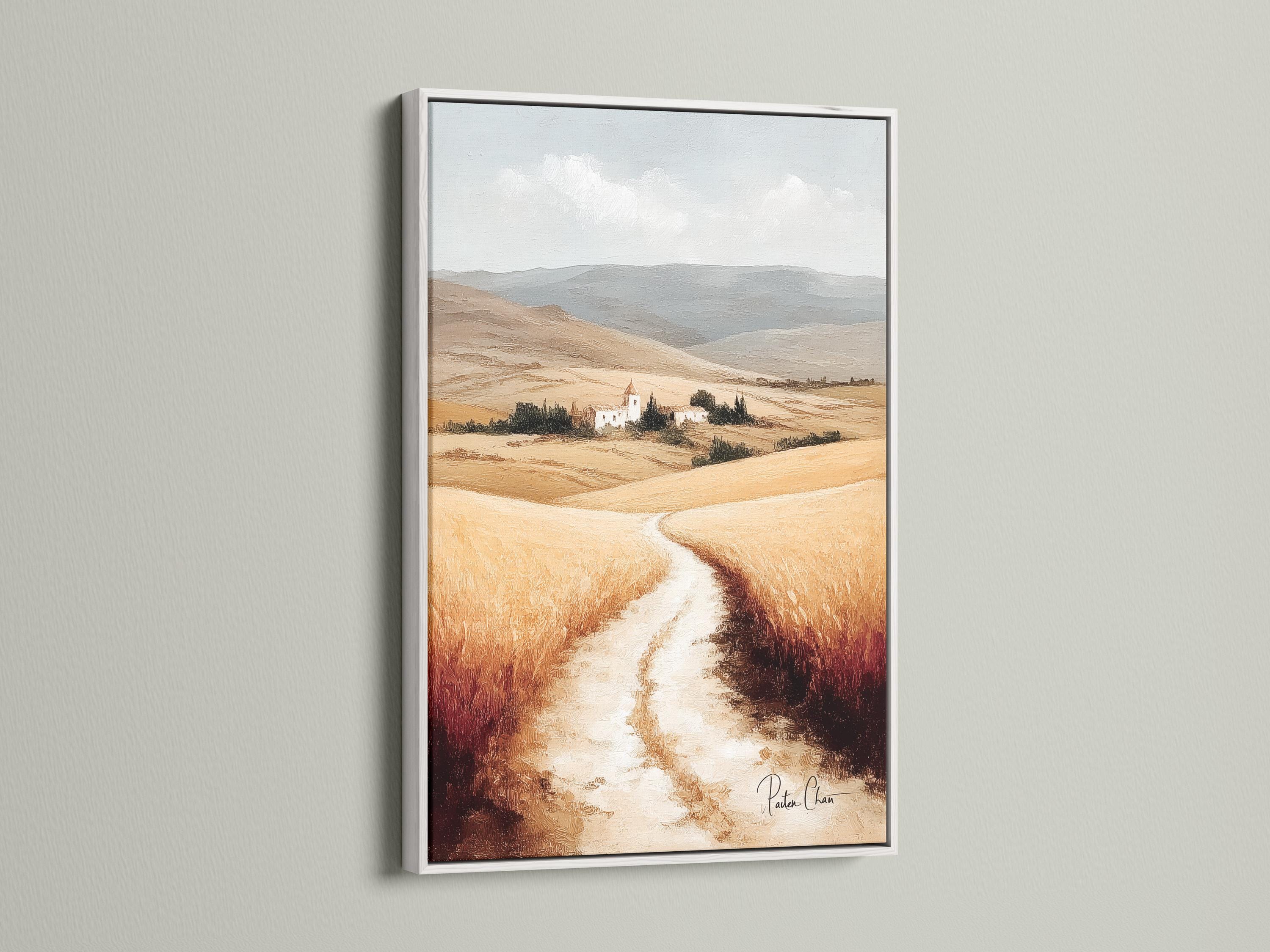 Painterly countryside landscape with a winding path, rolling hills and a small farmhouse with a bell tower detail view