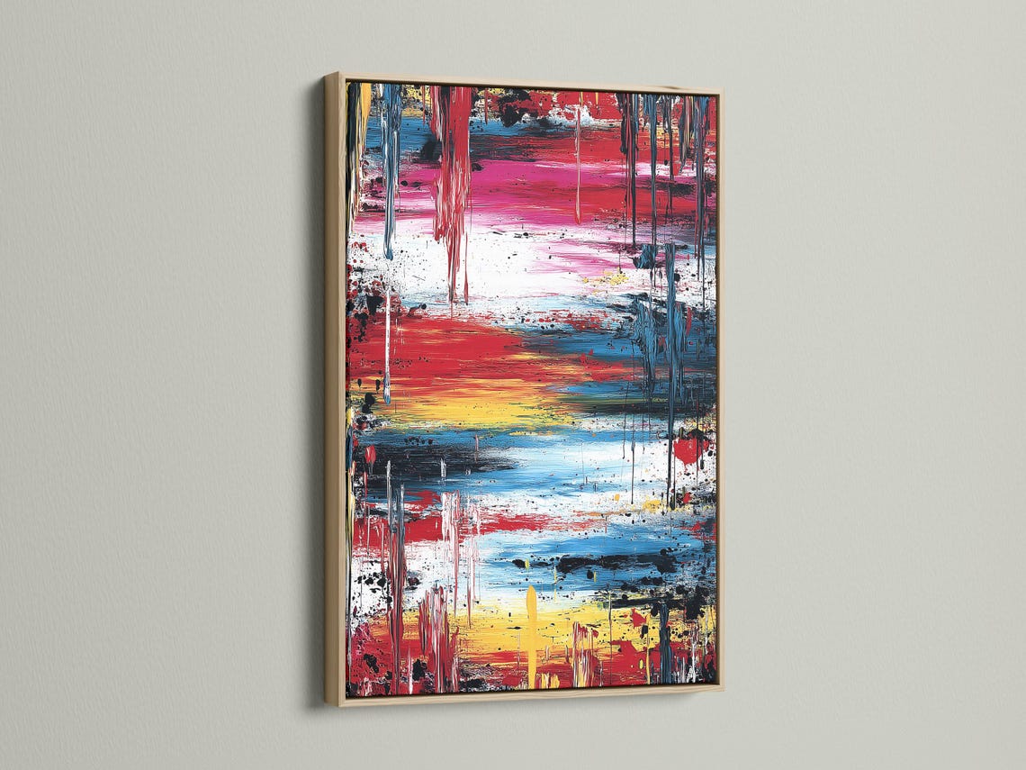Abstract expressionist painting with red, blue, yellow, white and dark drips detail view