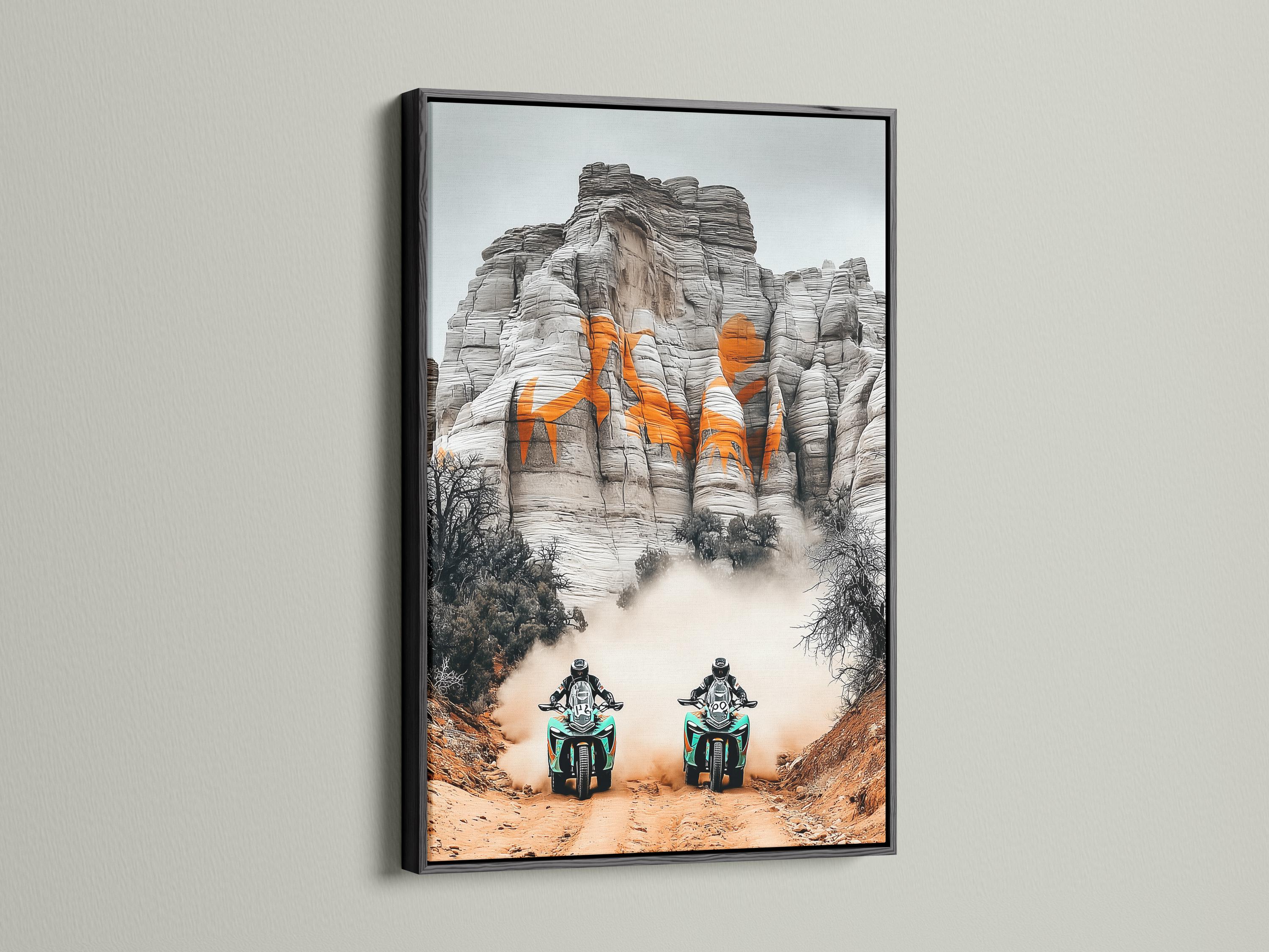 Two off-road motorcycles with turquoise accents racing through desert haze against grey cliffs detail view