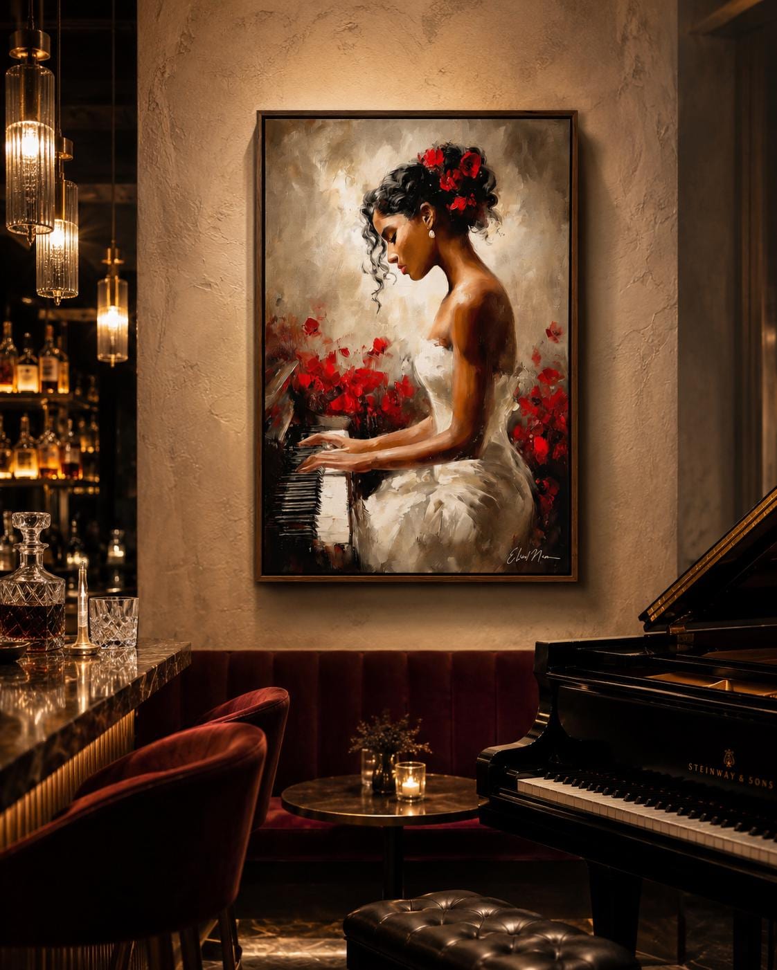 A framed artwork of a woman playing a piano with red flowers displayed in a room