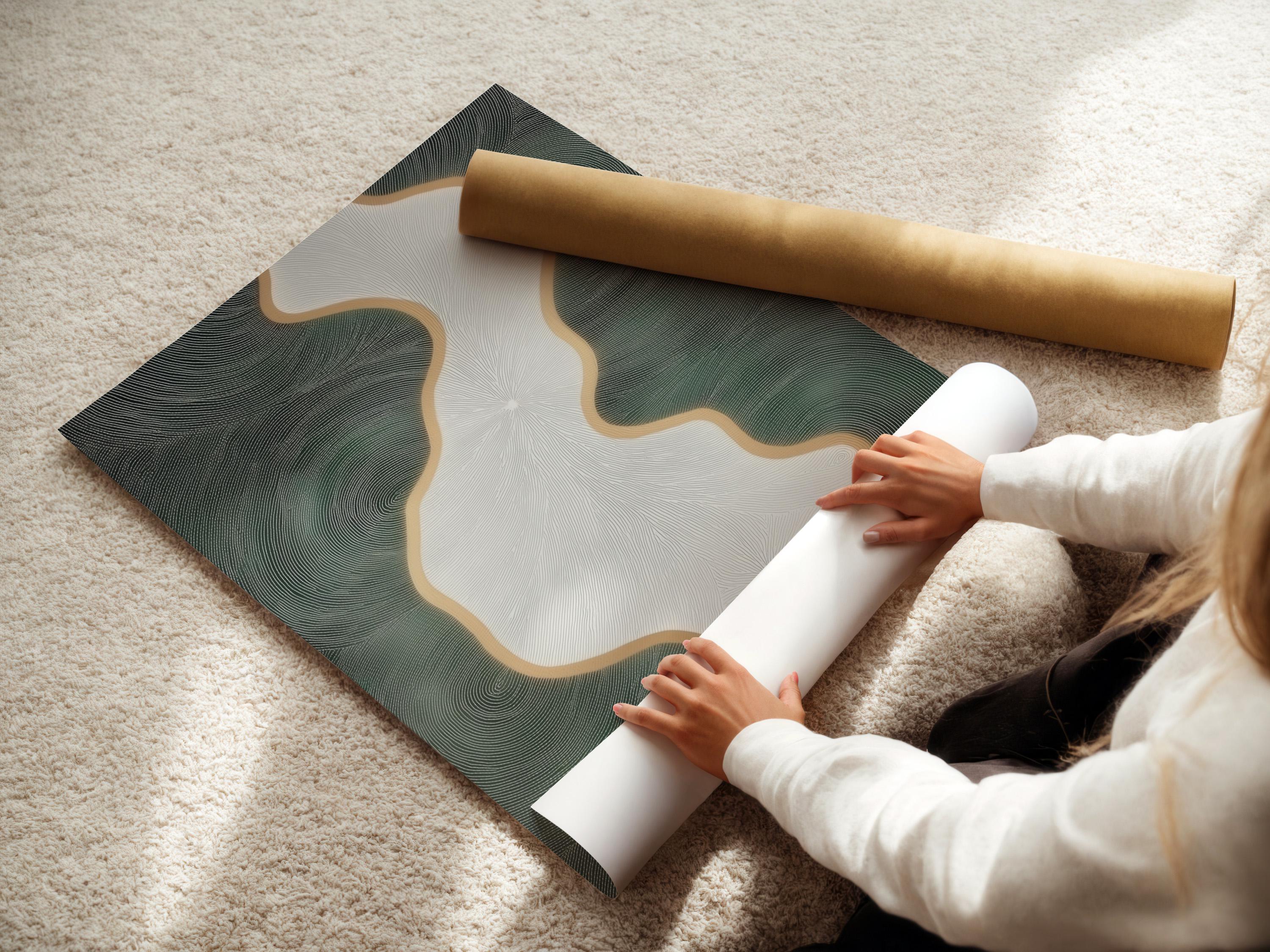 Minimalist abstract river flow artwork with ivory channel and sage-green ripple texture detail view