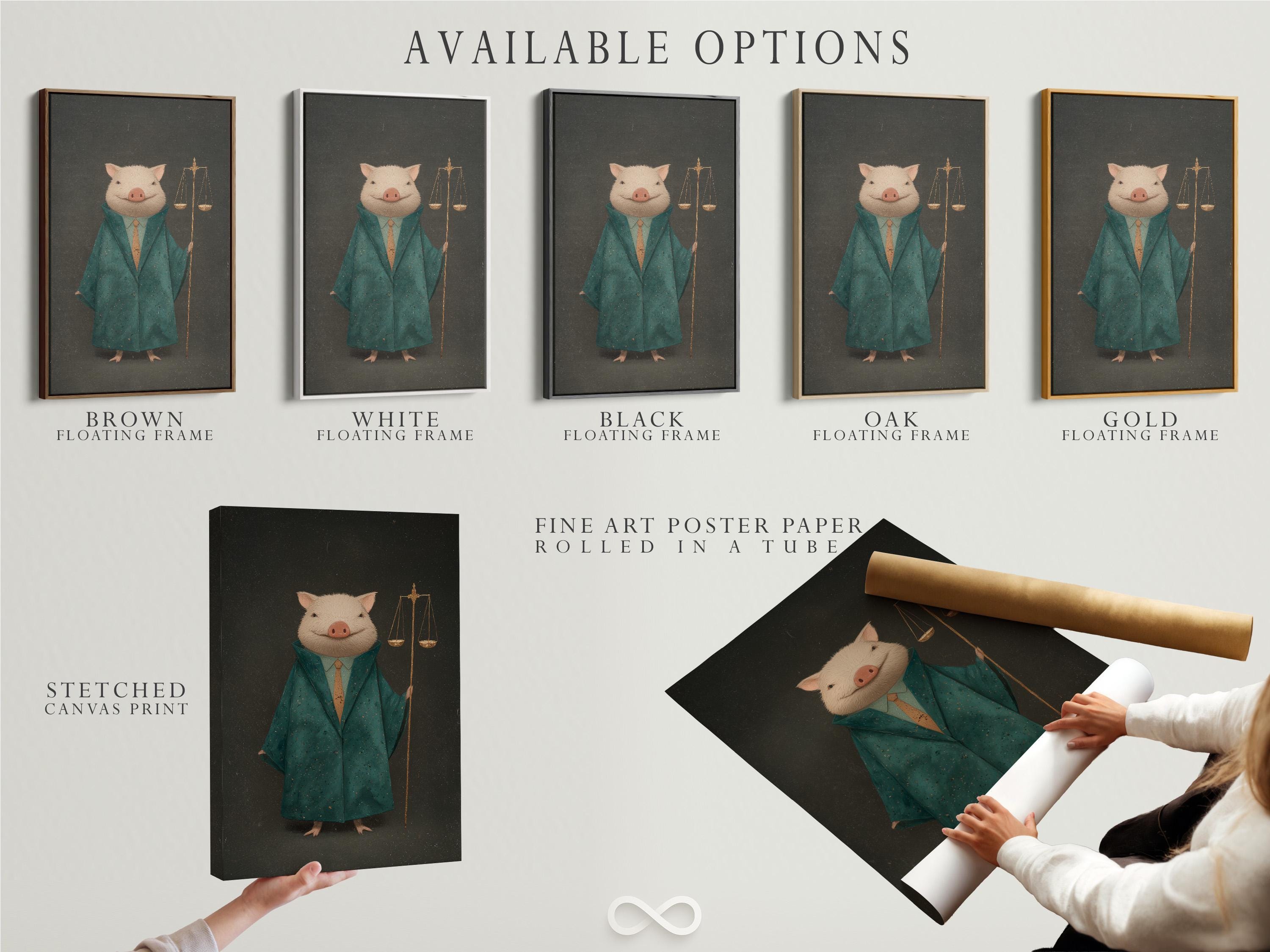 A pig in a teal suit with hanging gold scales on a dark textured background detail view