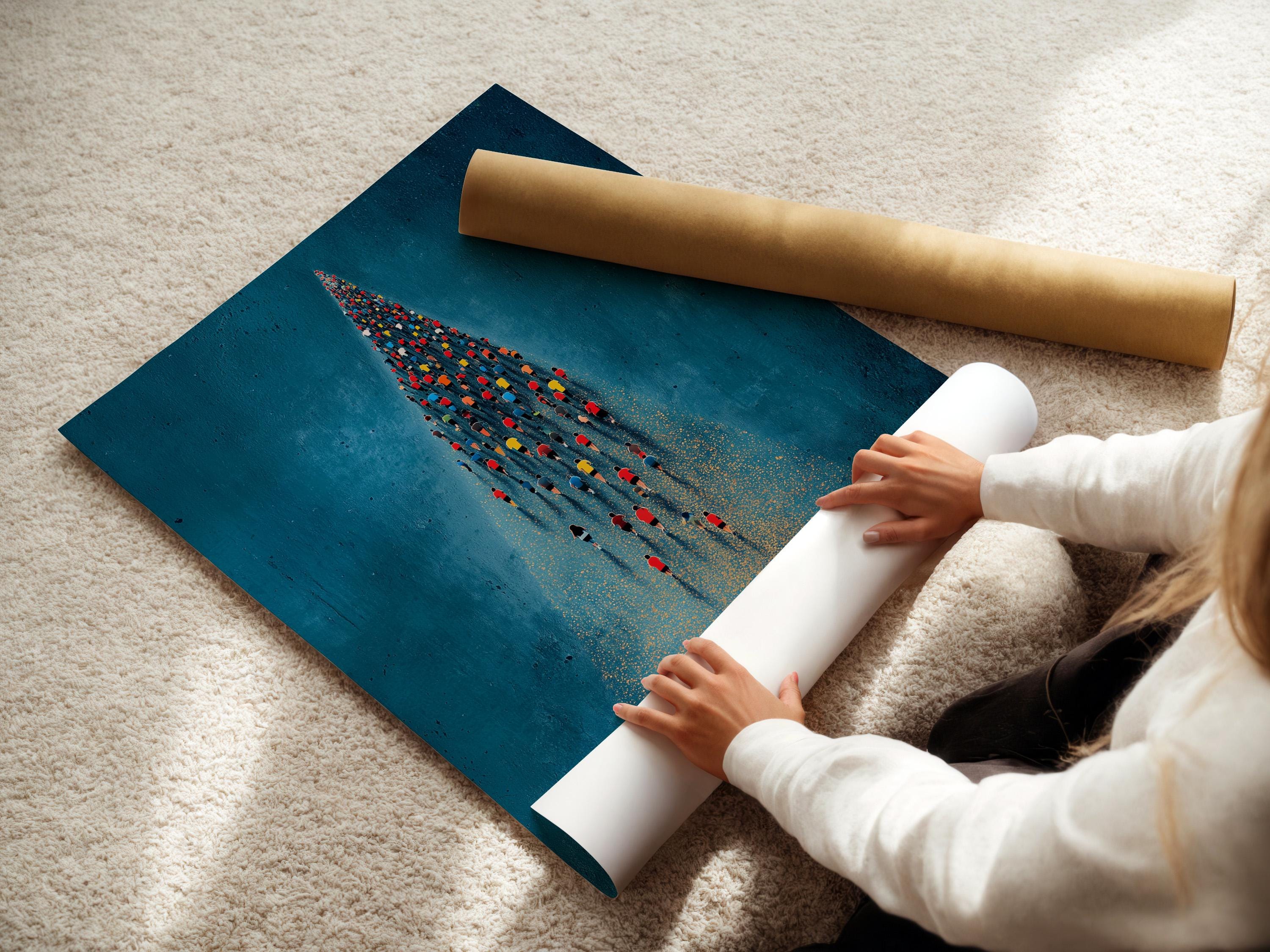 Teal-blue running crowd scene with a lone red-shirt runner and gold speckled path detail view