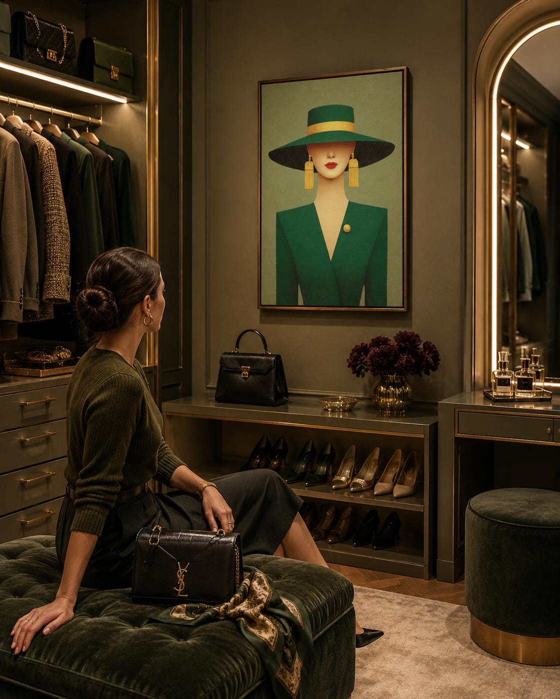 A stylised portrait of an elegant woman in a wide-brim hat, shown against a muted green background with gold accents and Art Deco-inspired shapes