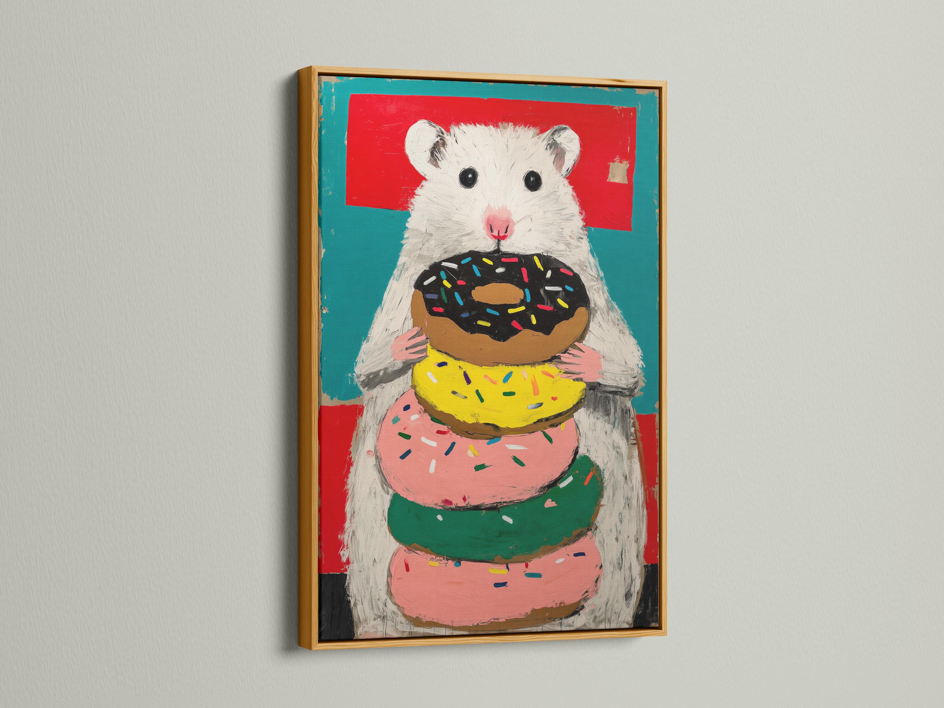 Playful hamster holding a doughnut stack with colourful sprinkles against a red and teal background detail view