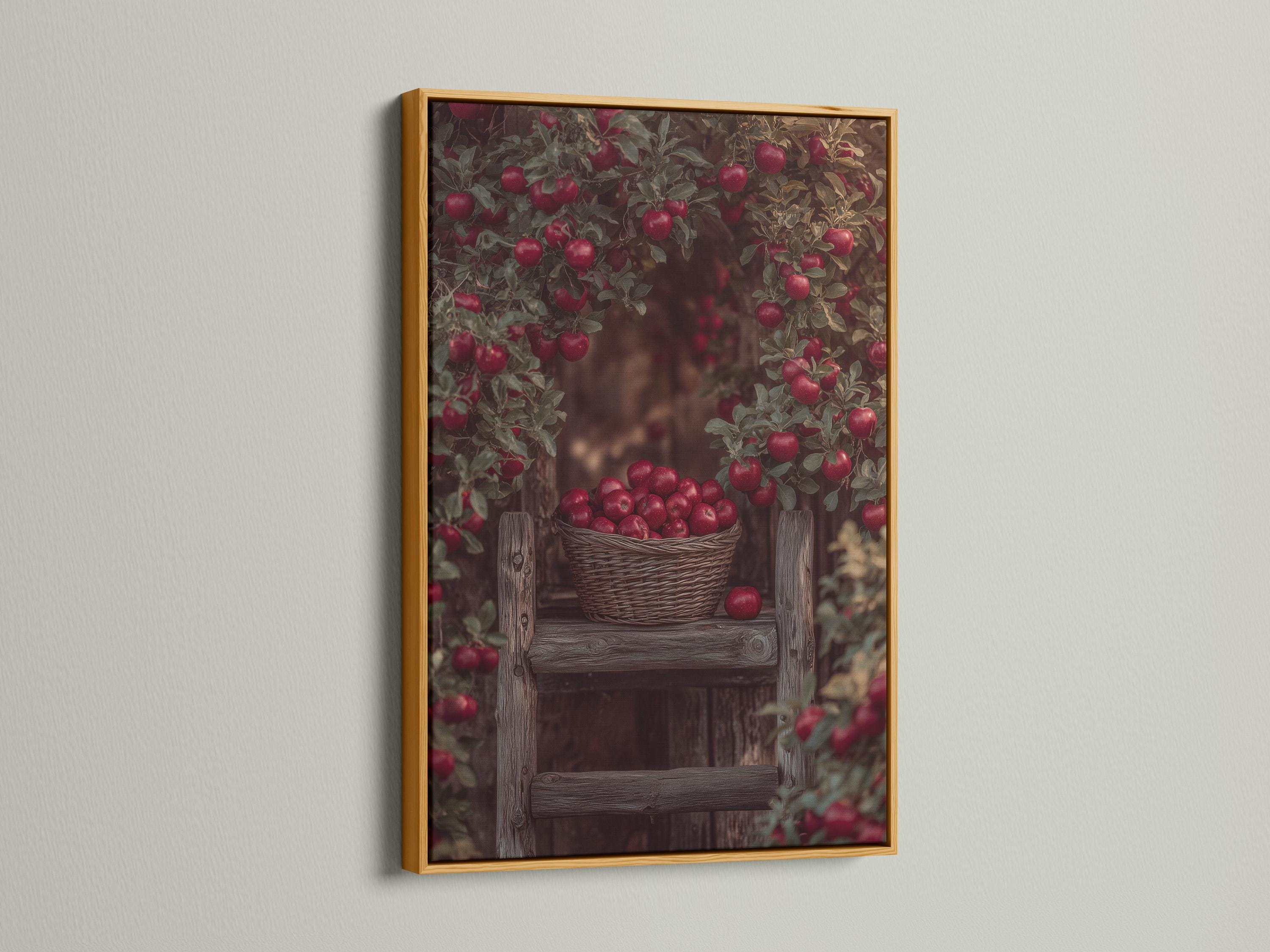 Portrait artwork showing a wicker basket of red apples with leafy branches and a rustic orchard background detail view