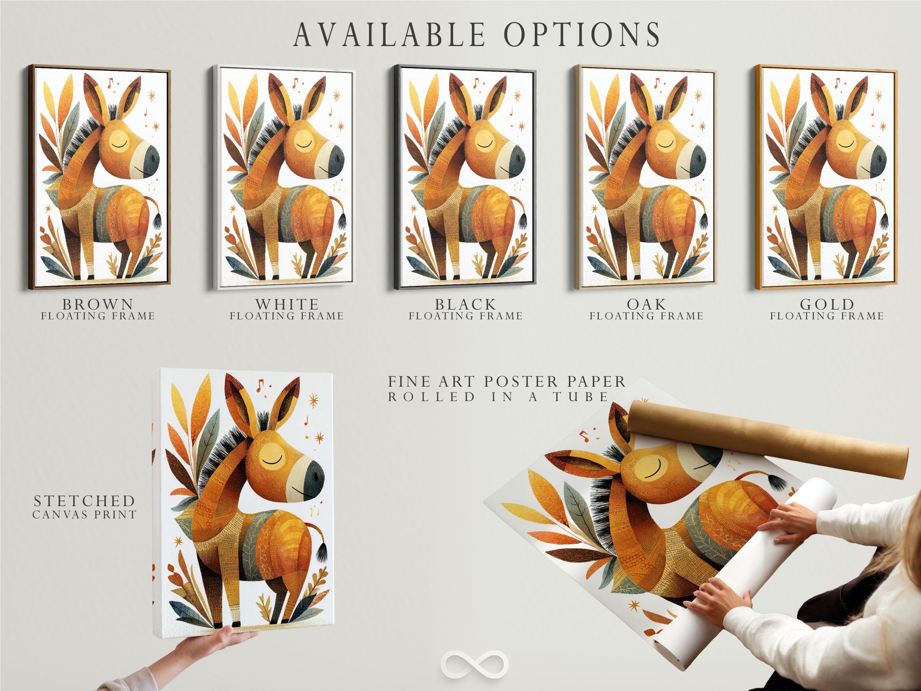 Boho donkey illustration with warm beige and brown tones, leafy accents, sparkles and music notes on a light background detail view