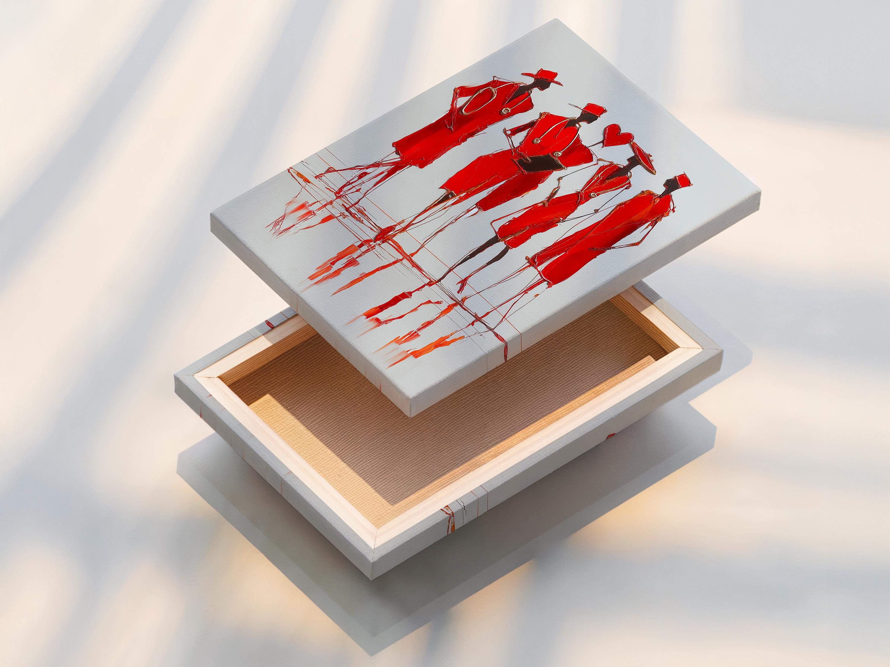 Stylised group of red fashion figures in hats with sketchy outlines and mirrored red reflections detail view