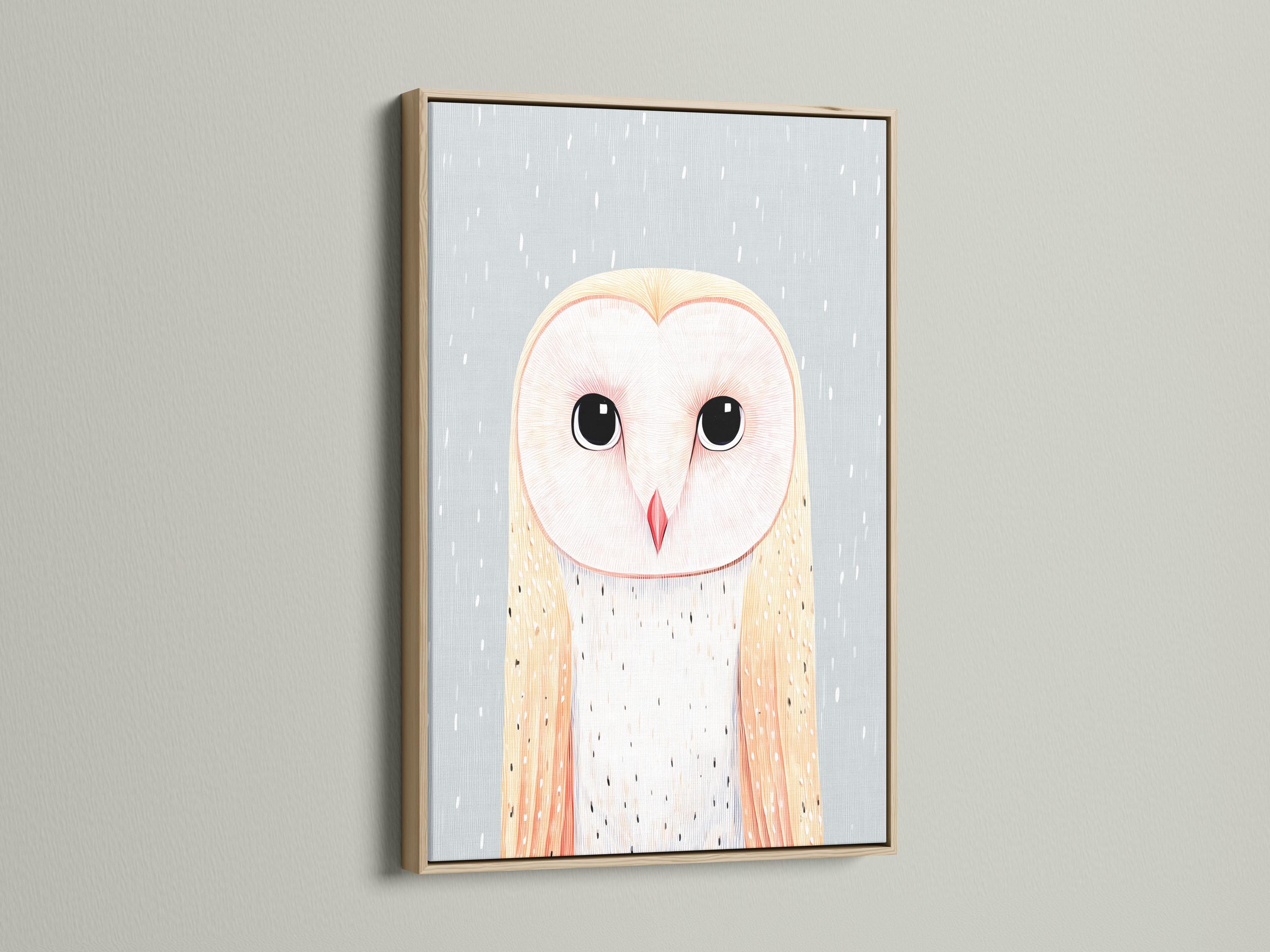 Illustrated pastel owl with large dark eyes and a red beak on a pale blue background detail view