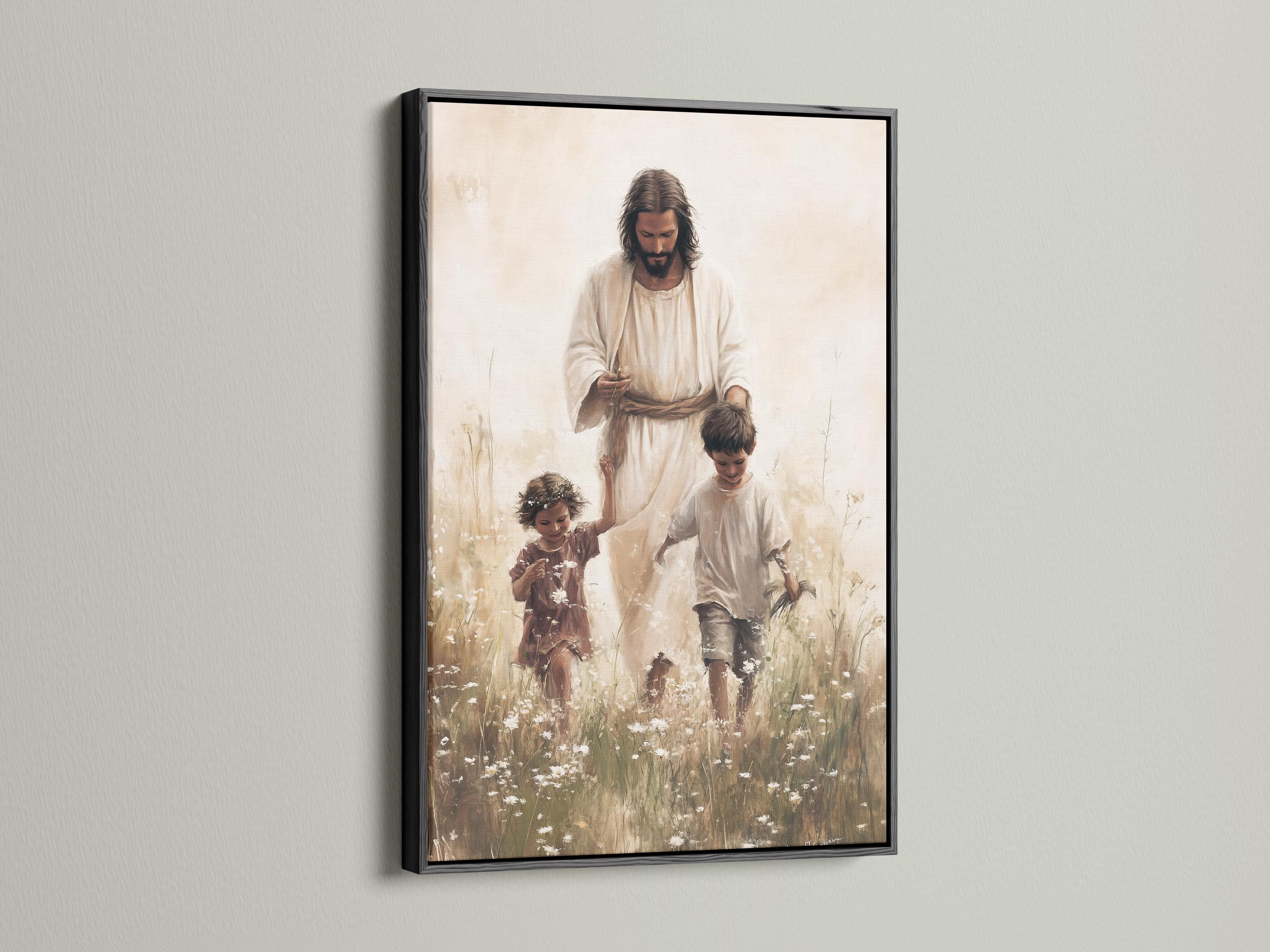 Jesus in pale robes with two children in a grassy field with scattered white blossoms detail view