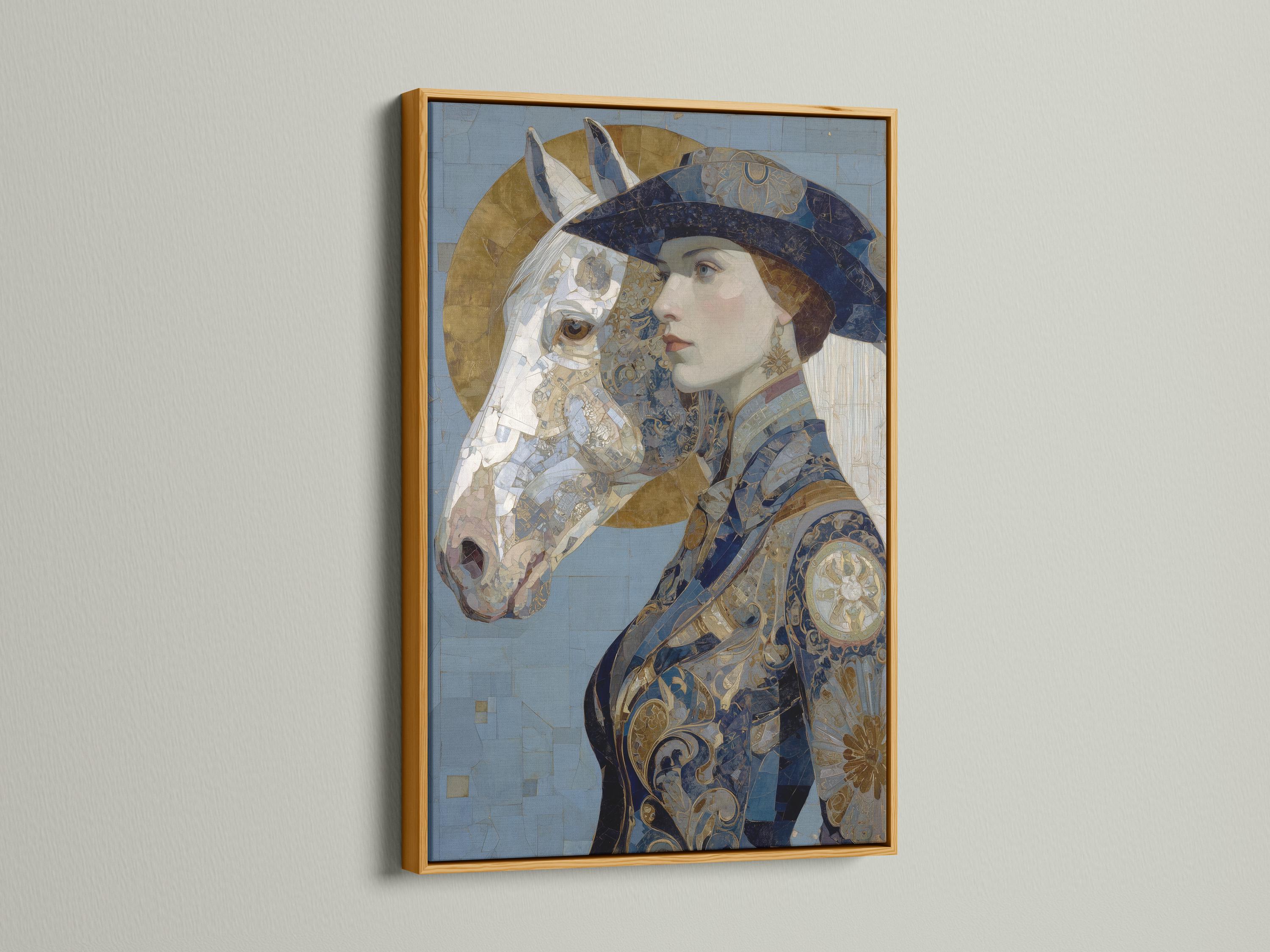 Ornamental blue and gold portrait showing a woman in profile with a horse head beside her detail view