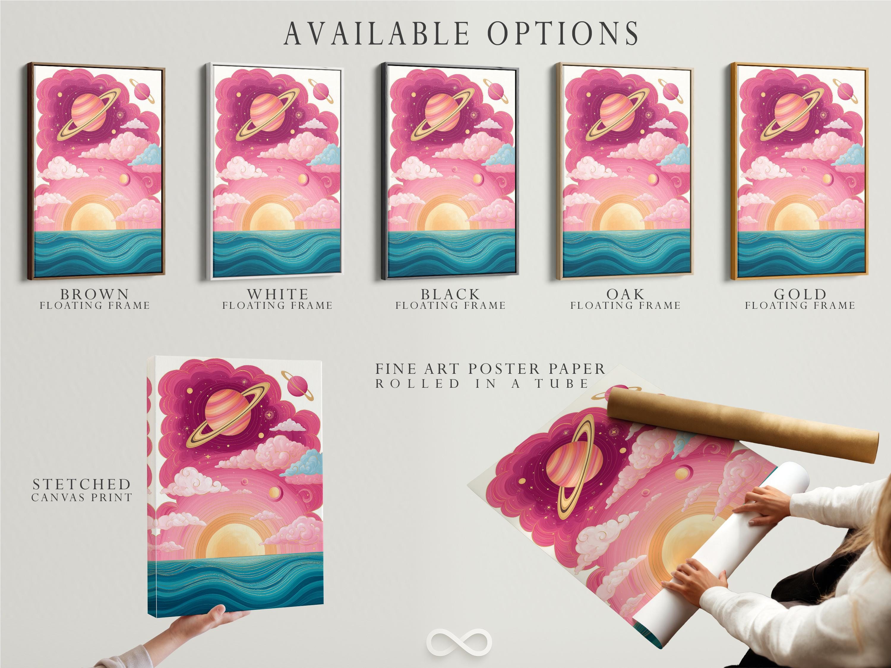 Whimsical ringed planet over swirling pink clouds with rainbow and teal ocean waves detail view