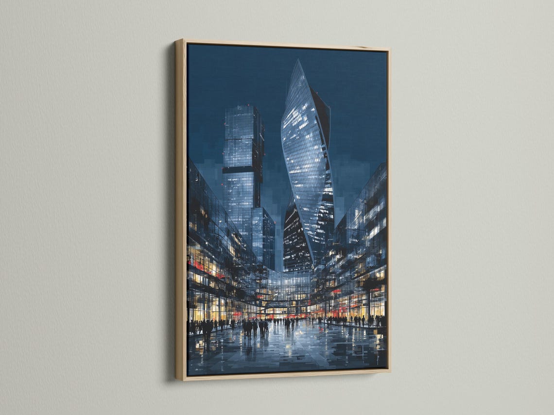 Night cityscape with tall glass skyscrapers, glowing windows and reflective wet street detail view