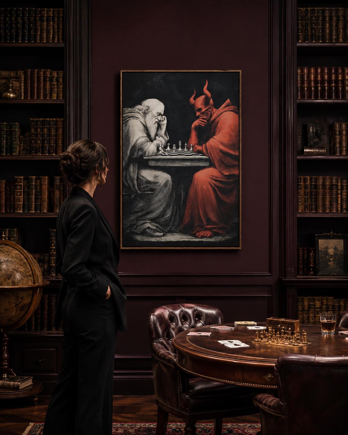 Chess duel scene with a pale angel-like figure facing a red horned devil over chess pieces detail view