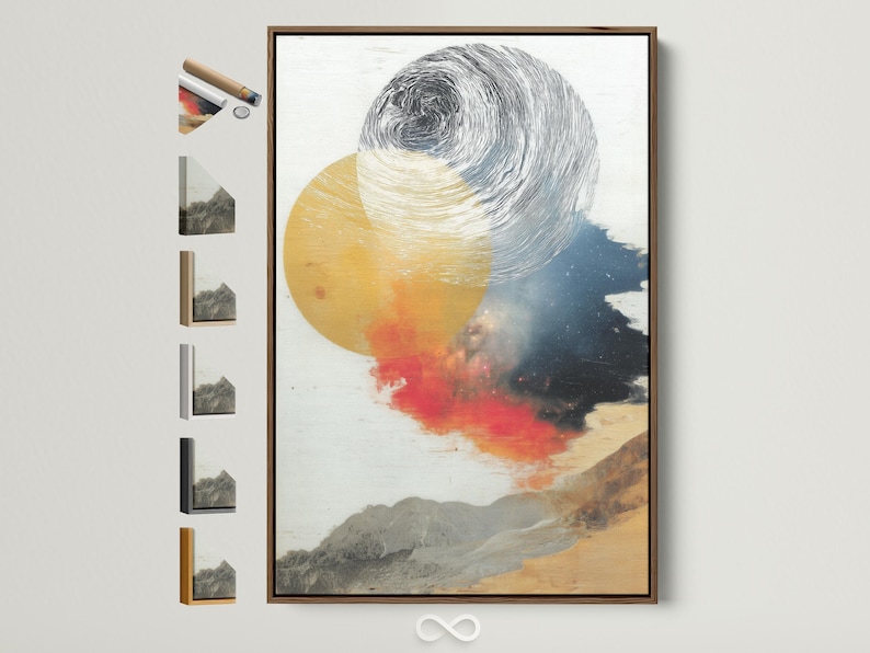 Ochre, grey and blue abstract landscape with swirling wave linework and overlapping circles
