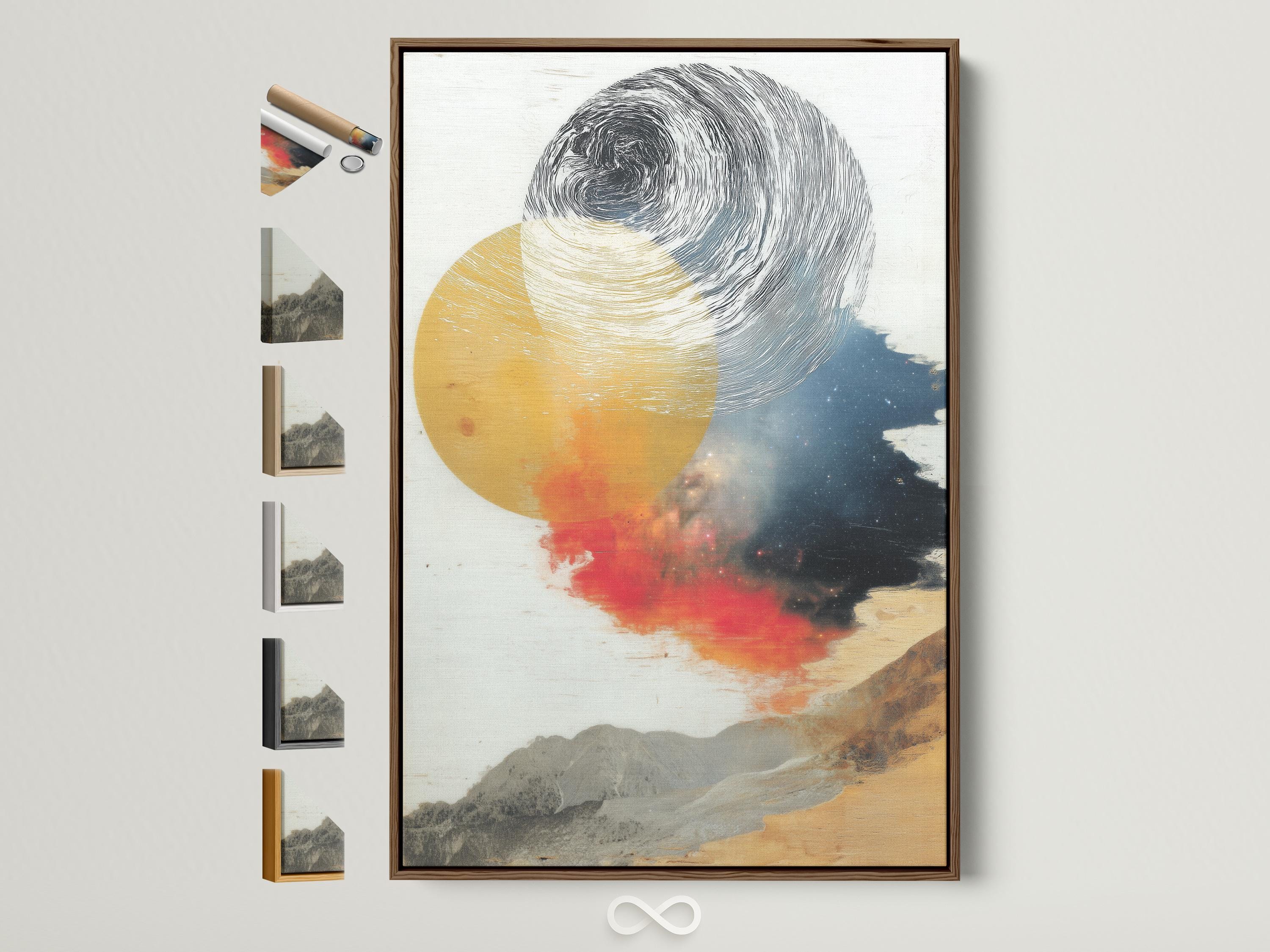 Ochre, grey and blue abstract landscape with swirling wave linework and overlapping circles