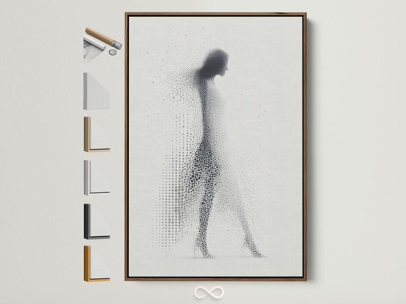 Grey-scale dotted silhouette of a standing human figure on a light background
