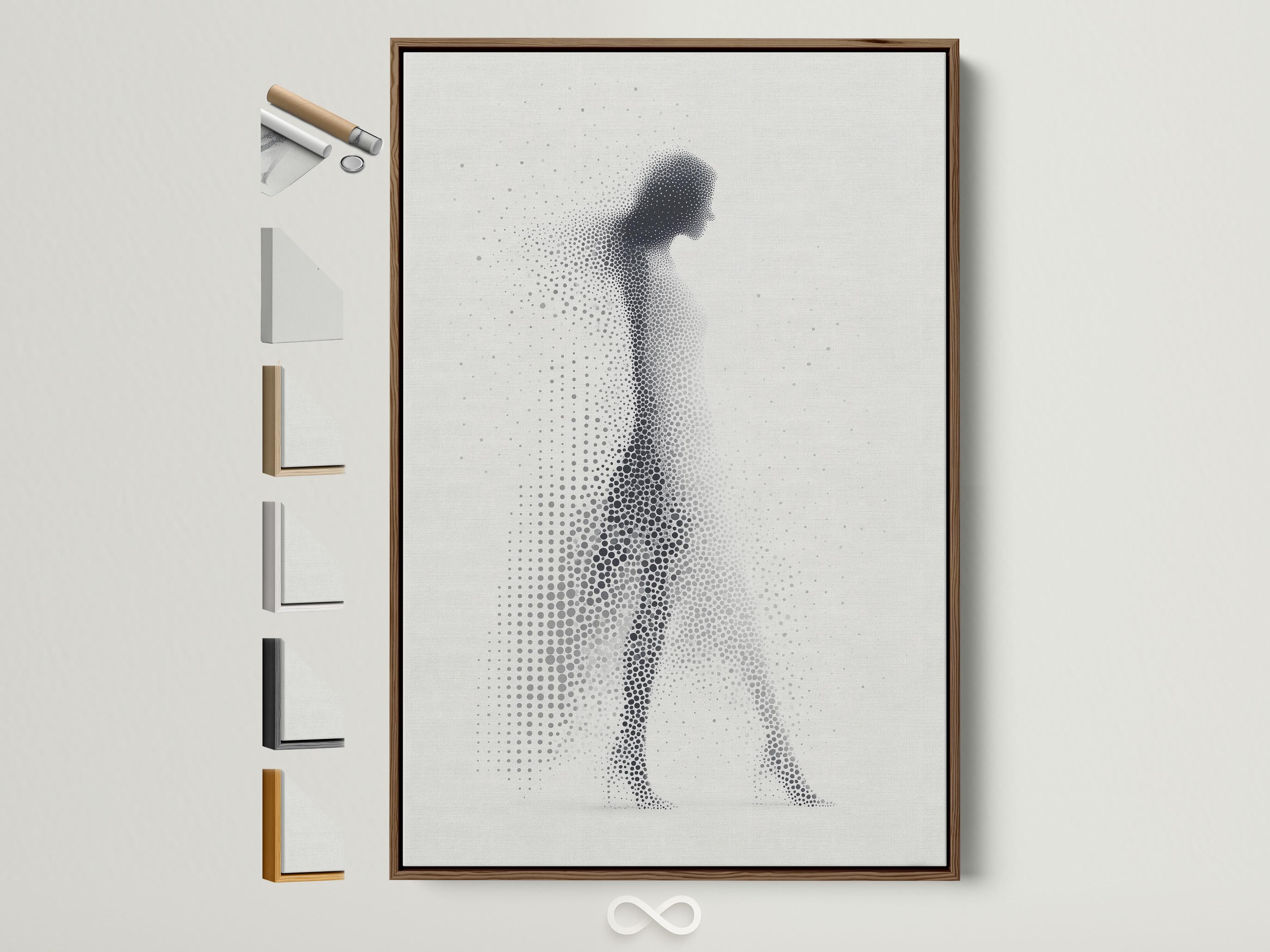 Grey-scale dotted silhouette of a standing human figure on a light background