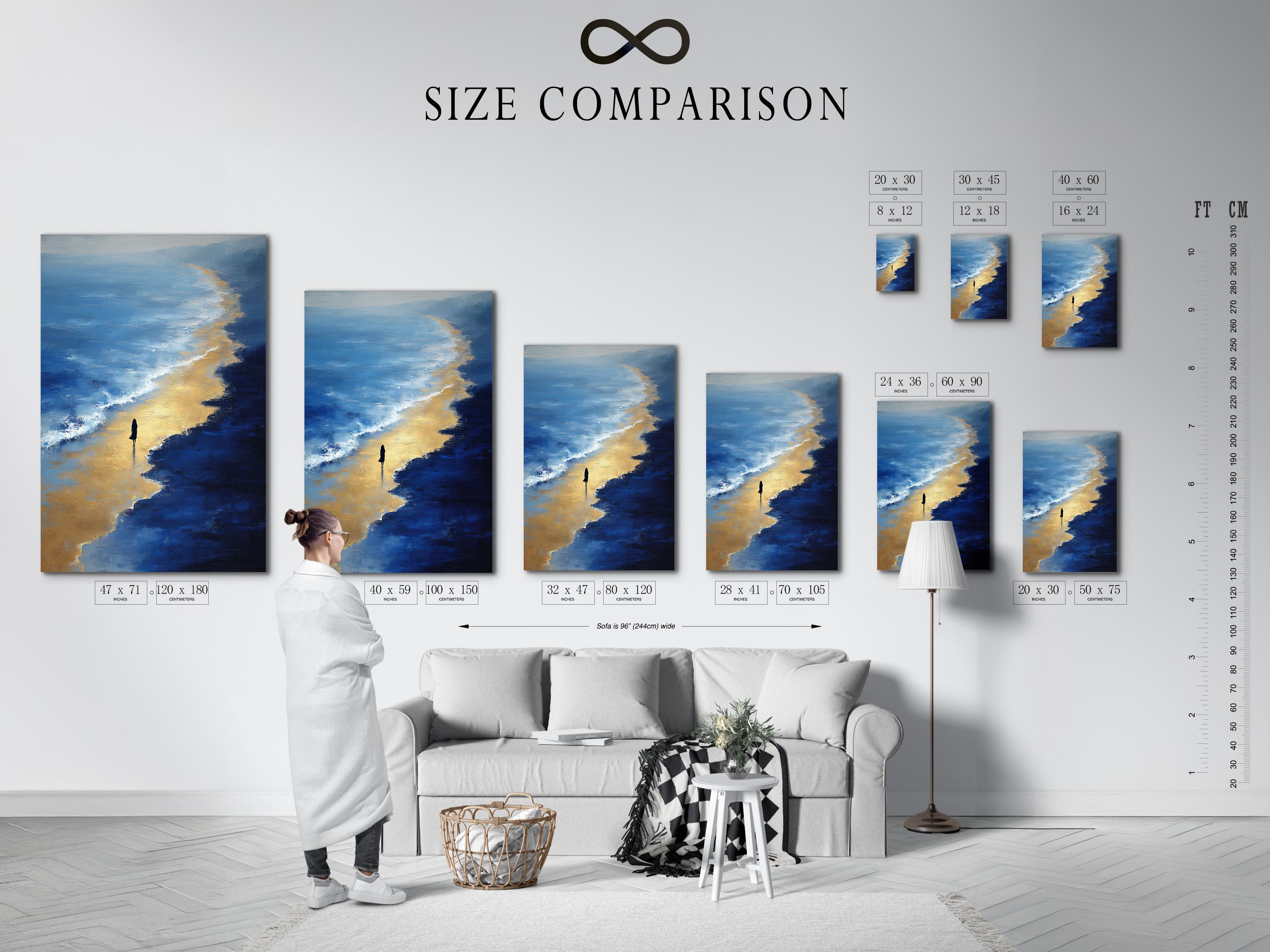 Painterly navy blue and gold seascape with ocean waves, beach light and a small silhouette detail view