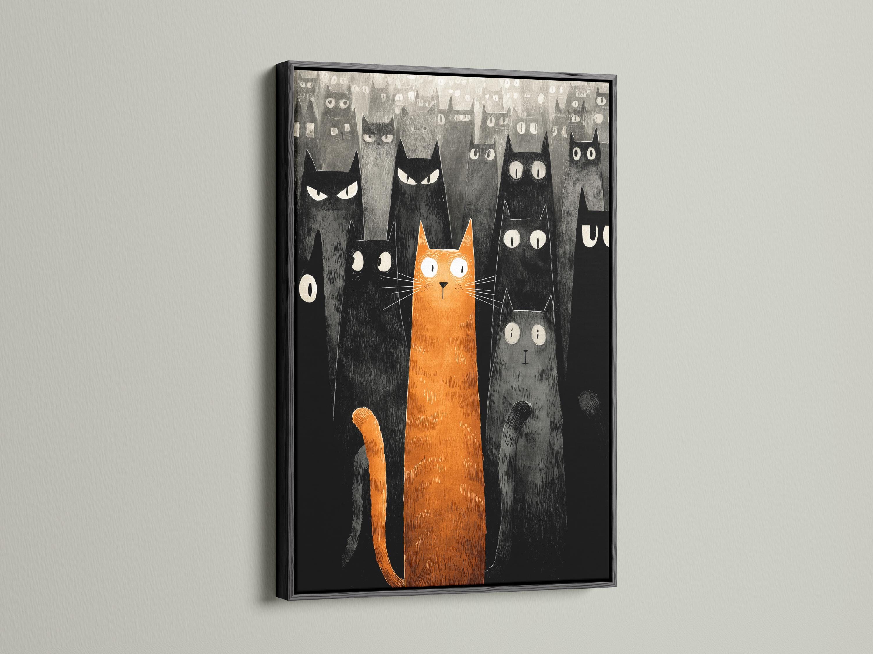 Orange cat and multiple black and grey cats in a textured illustration style detail view