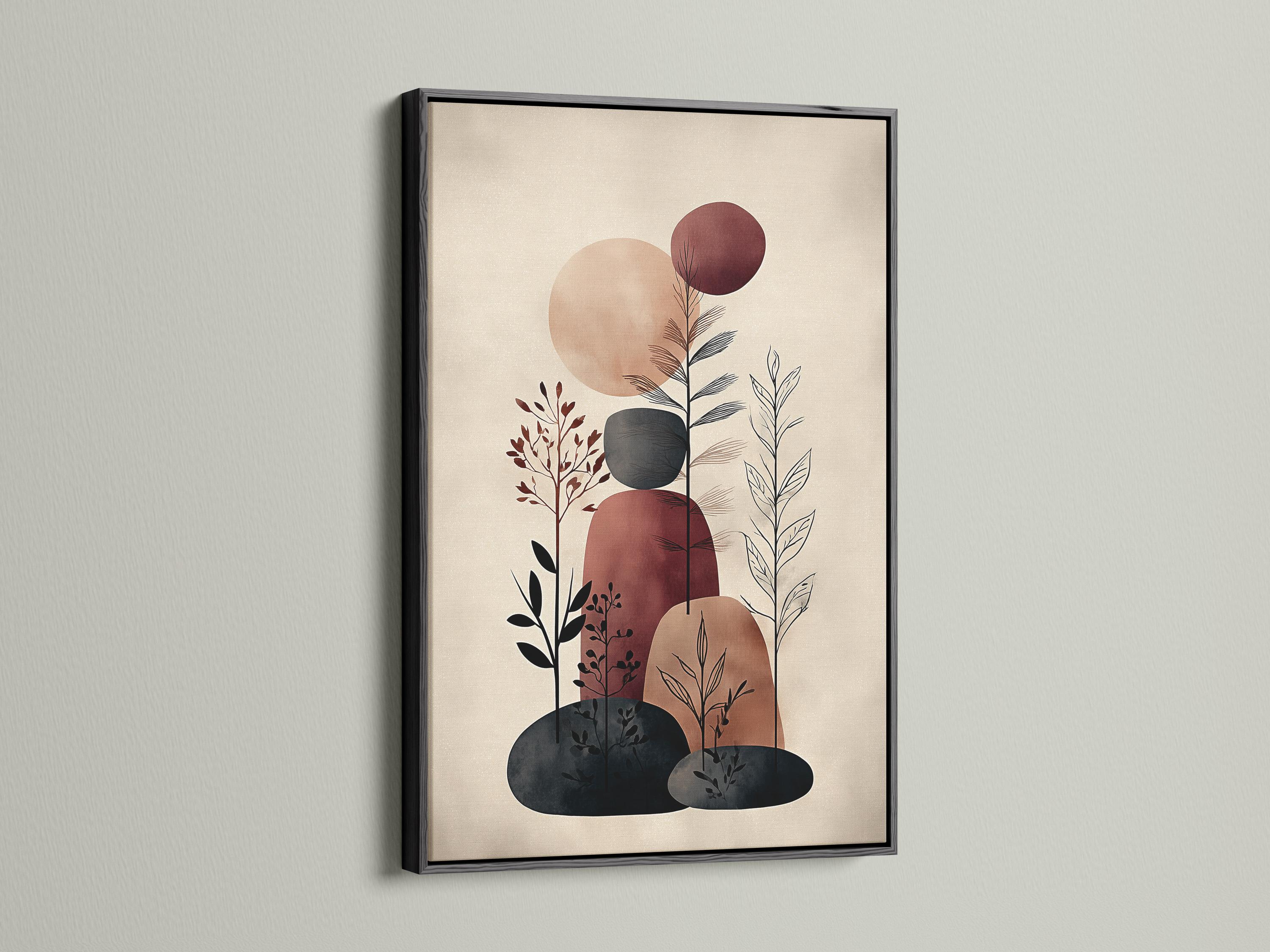 Abstract botanical illustration with beige background, terracotta and burgundy circles, and charcoal plant stems detail view