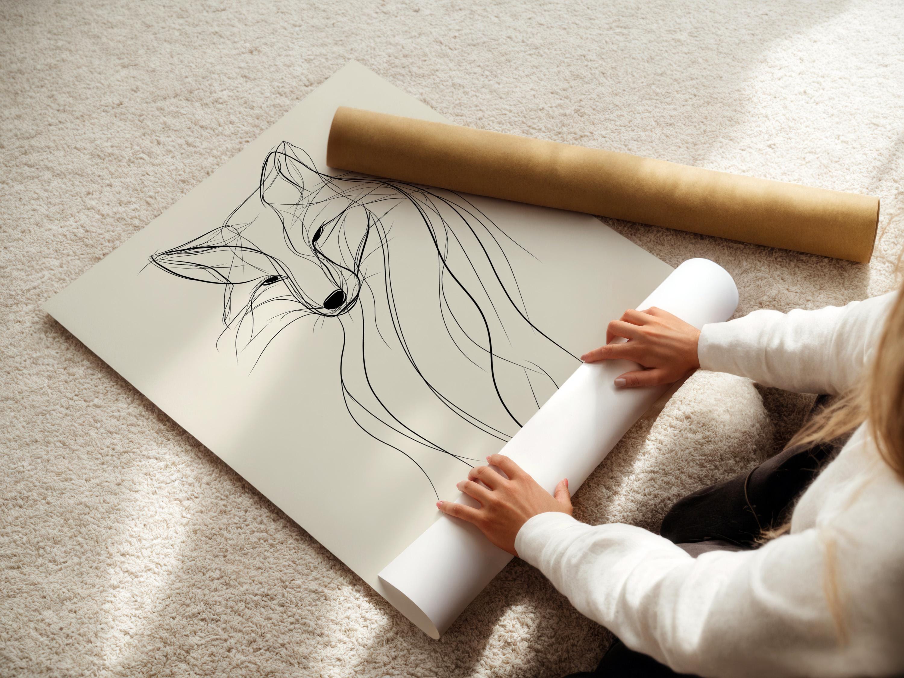 Minimalist fox line drawing in black on a warm beige background detail view