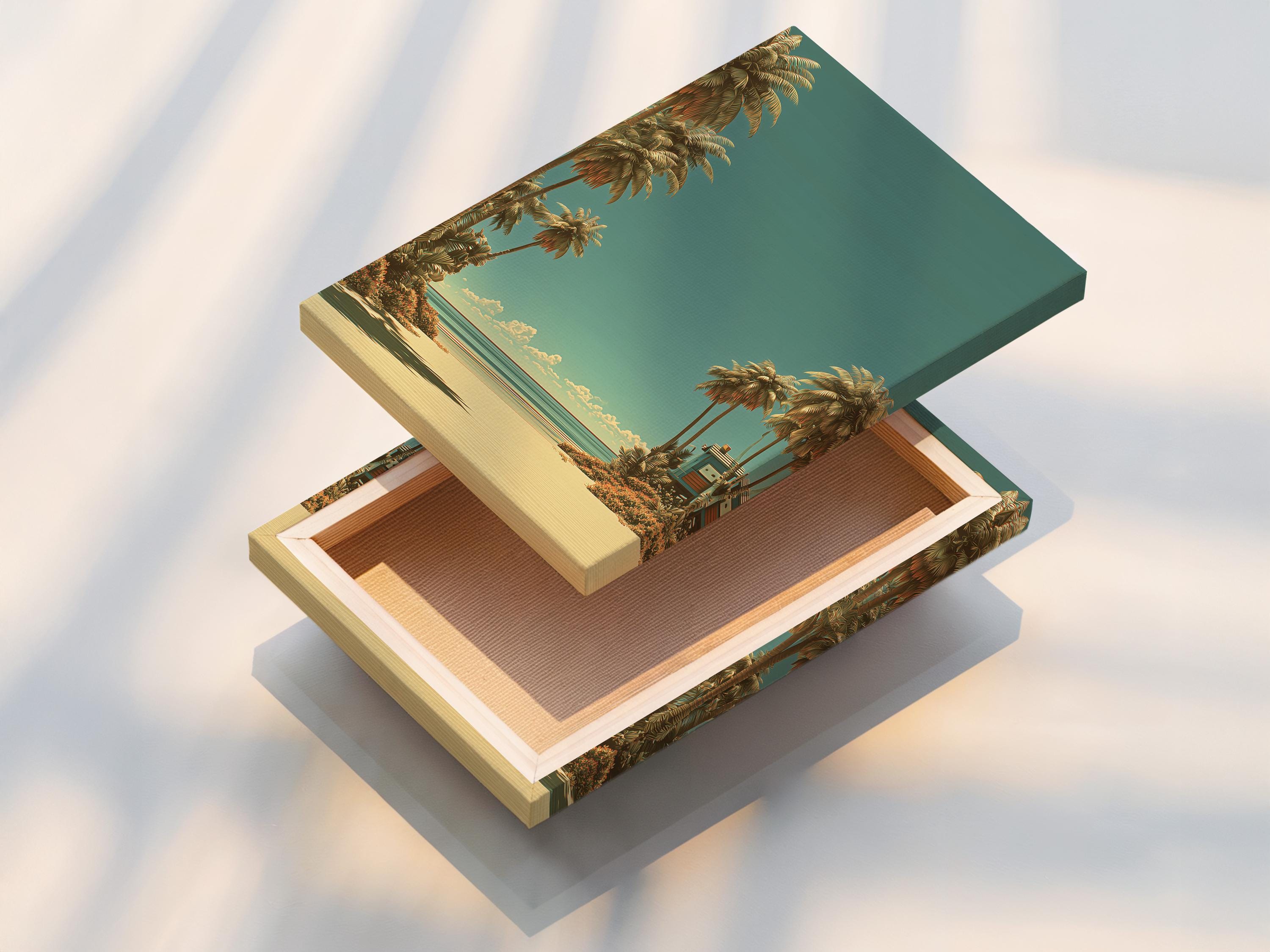 Mockup showing a framed tropical beach artwork on a wall