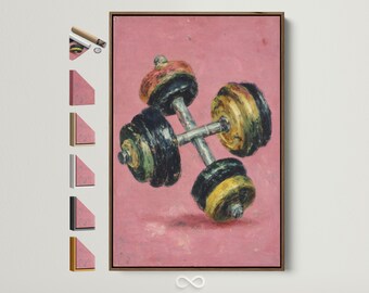 Vintage Dumbbell Art Print - Retro Fitness Wall Art, Pink Canvas Print for Home Gym Decor, Motivational Workout Art