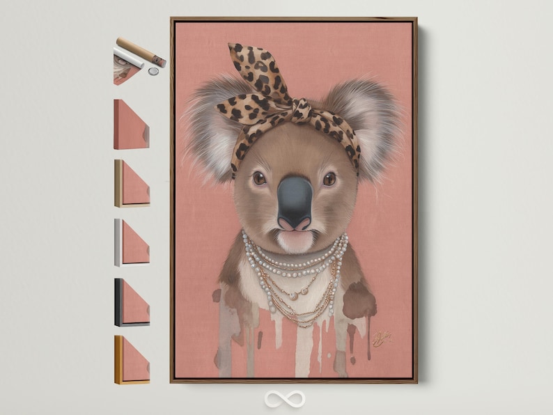 Koala portrait with leopard headband and pearl necklace on a dusty pink background