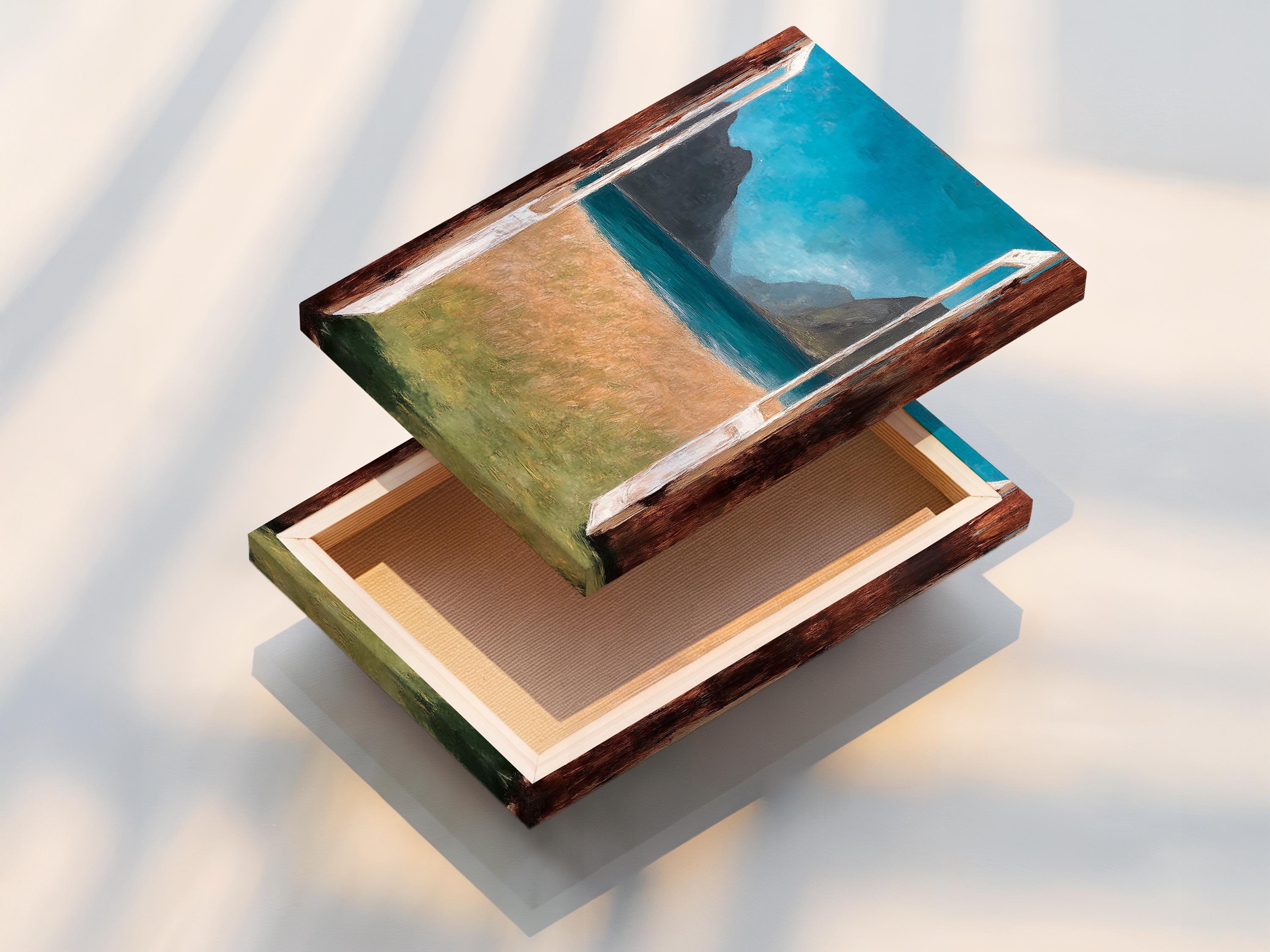 Room mockup showing a framed doorway seascape artwork with turquoise sea and mountains