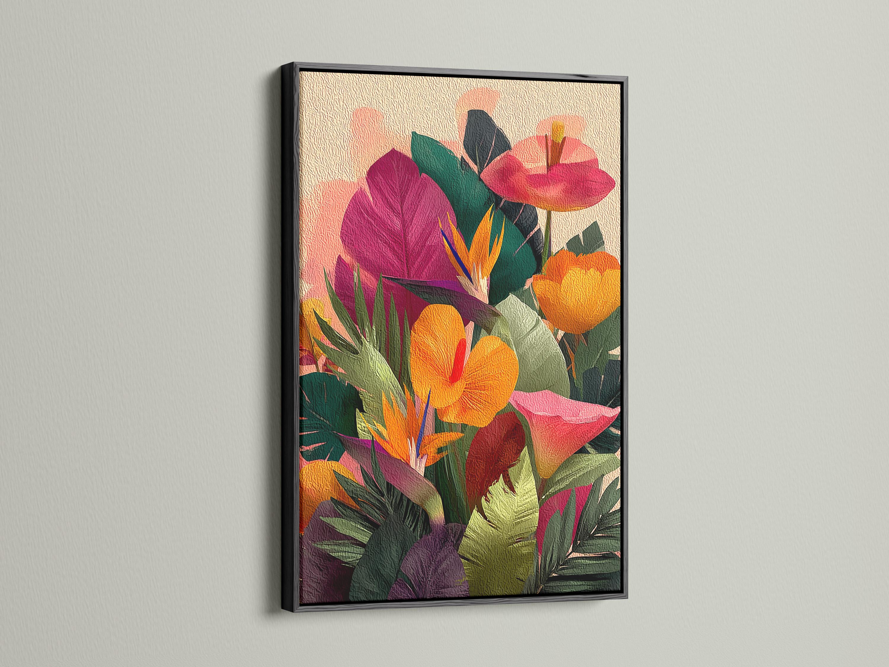 Tropical floral artwork mockup displayed on a wall with framed options shown