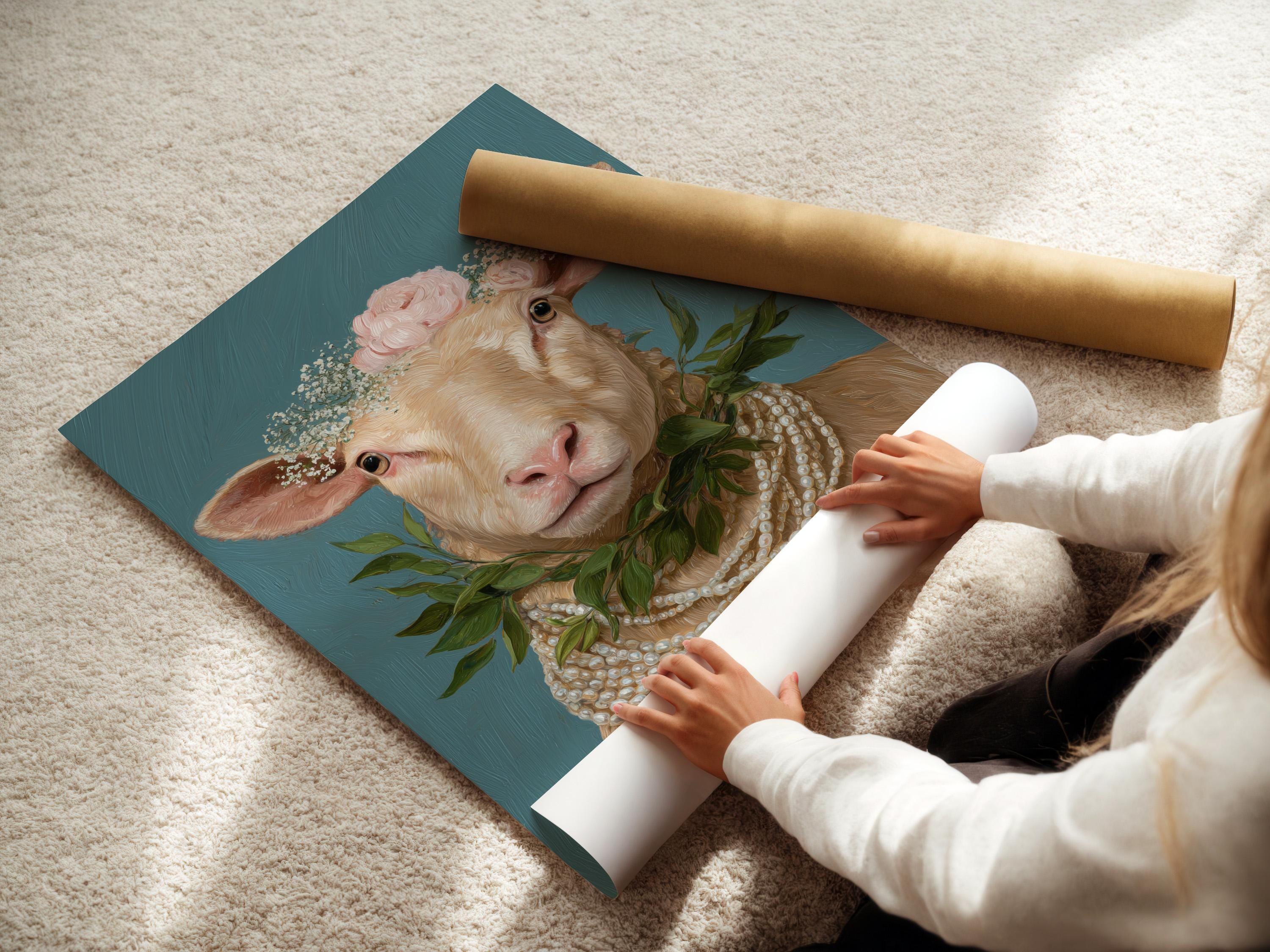 Portrait of a sheep with a pink floral crown and pearl-like necklace on a teal background detail view