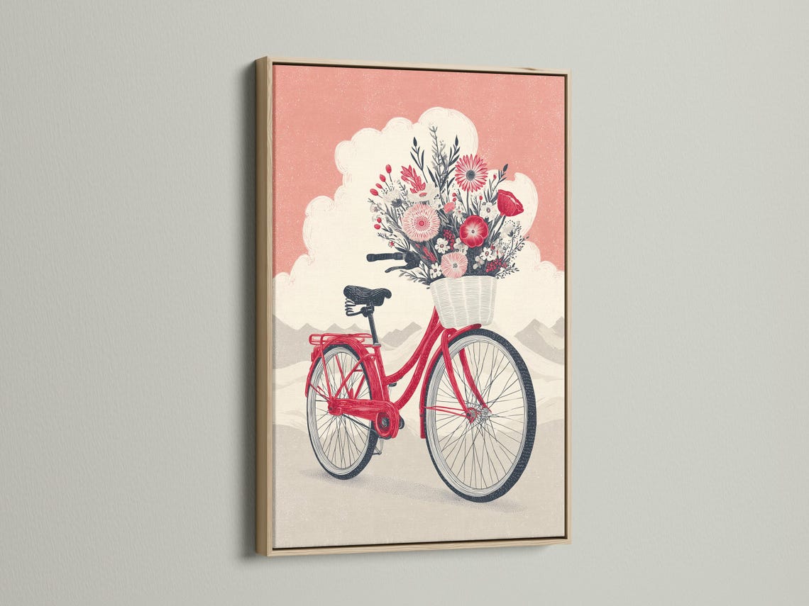 A red bicycle is decorated with a large bouquet of flowers and leaves, set against a dusty pink sky and pale landscape shapes detail view
