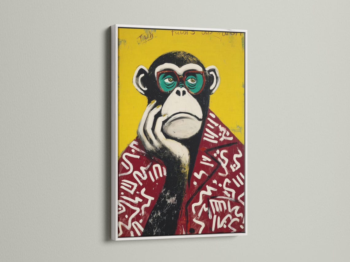 Portrait of a stylised monkey wearing oversized round glasses against a bright yellow background detail view