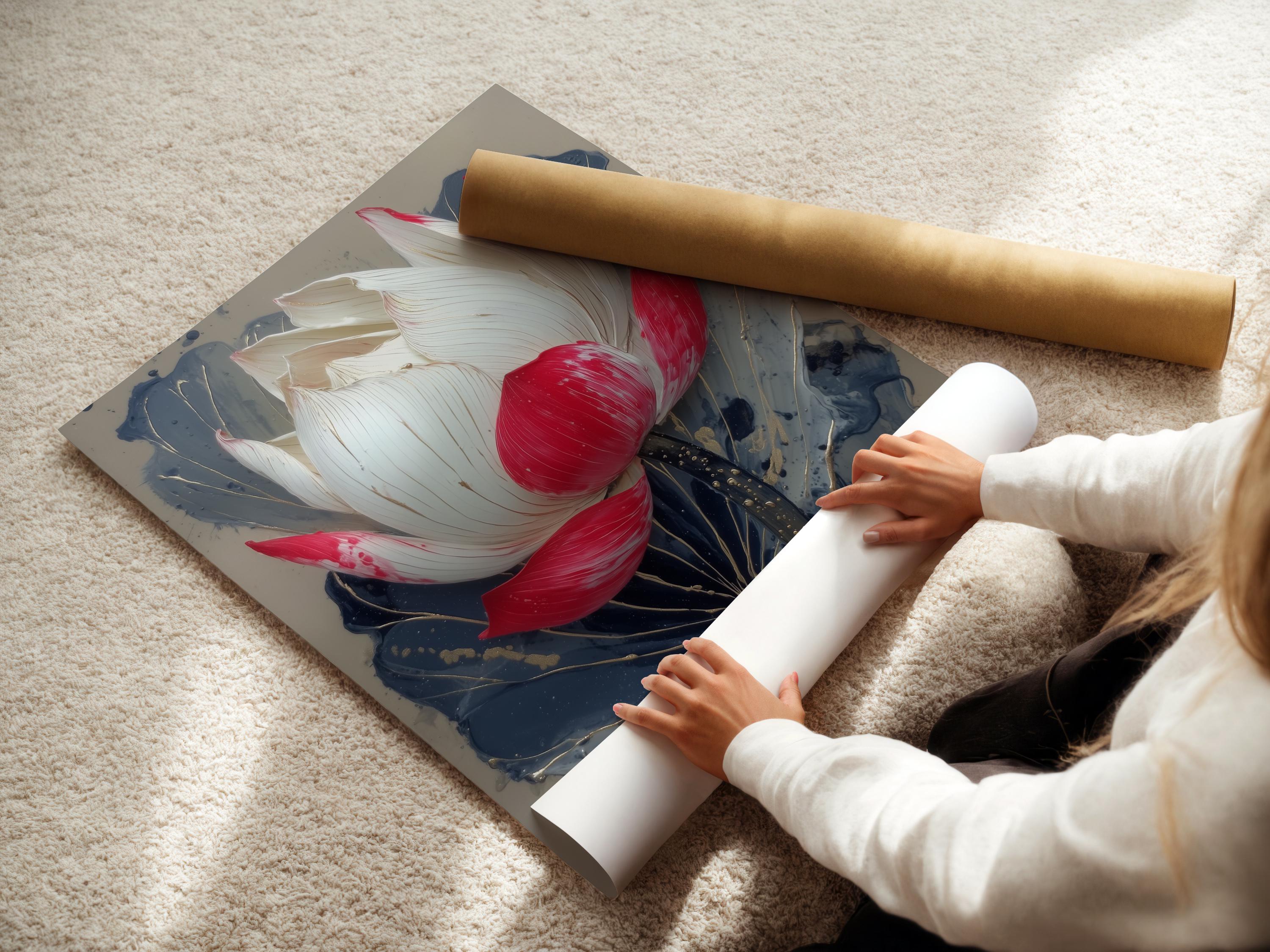 Lotus flower painting with white and red petals over deep blue leaves and gold speckles detail view