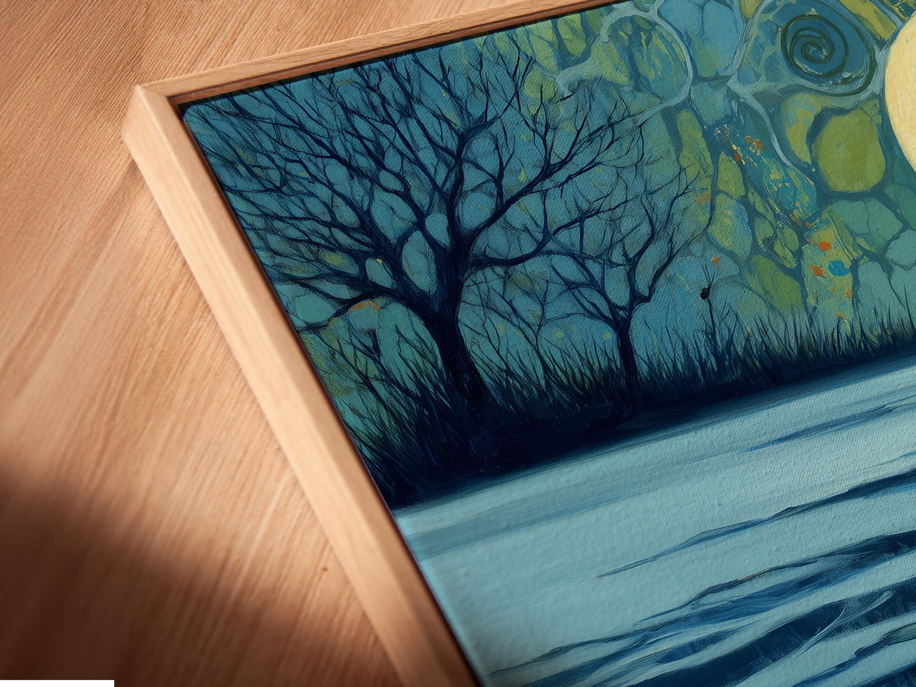 Moonlit night scene with a silhouetted figure standing in reflective water beneath a glowing moon detail view