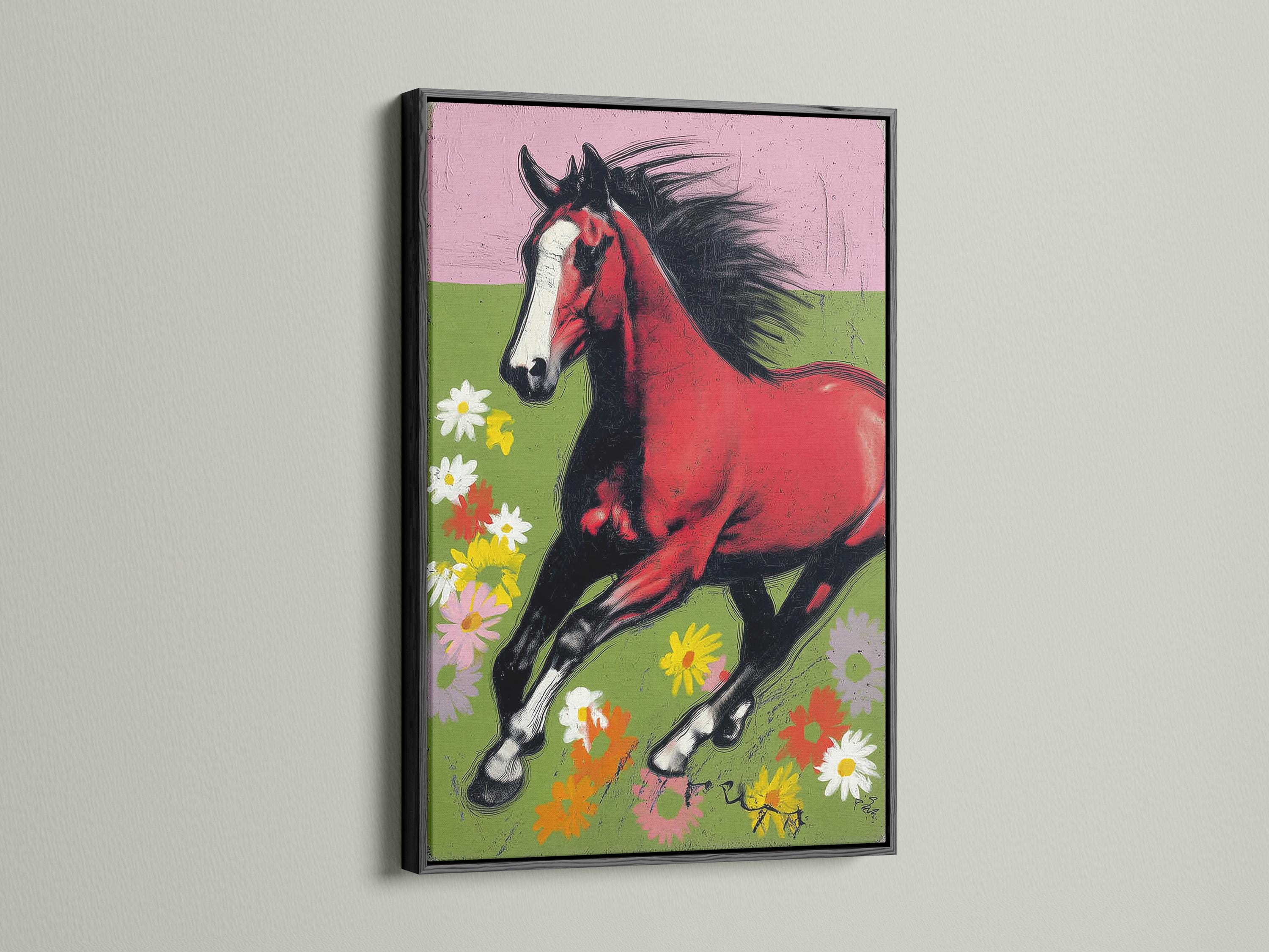 Running horse in red and black with a green meadow and colourful flowers detail view