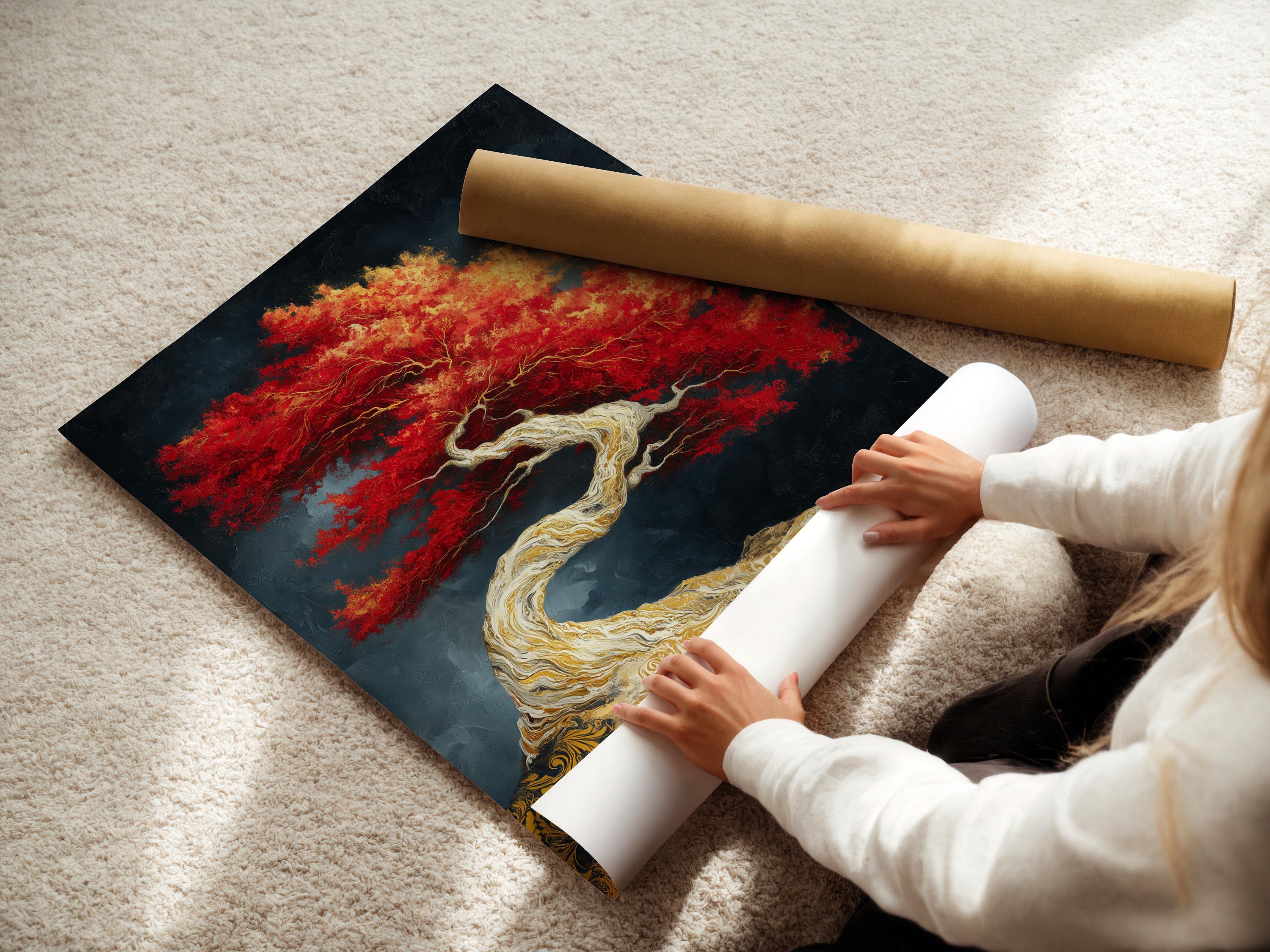 Stylised tree artwork with pale twisting trunk, red-and-gold canopy, and ornate gold base on navy background detail view